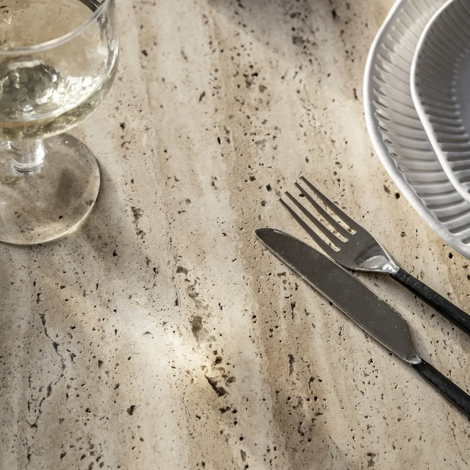 Round Dining Table with Travertine Top - Brown, Wood