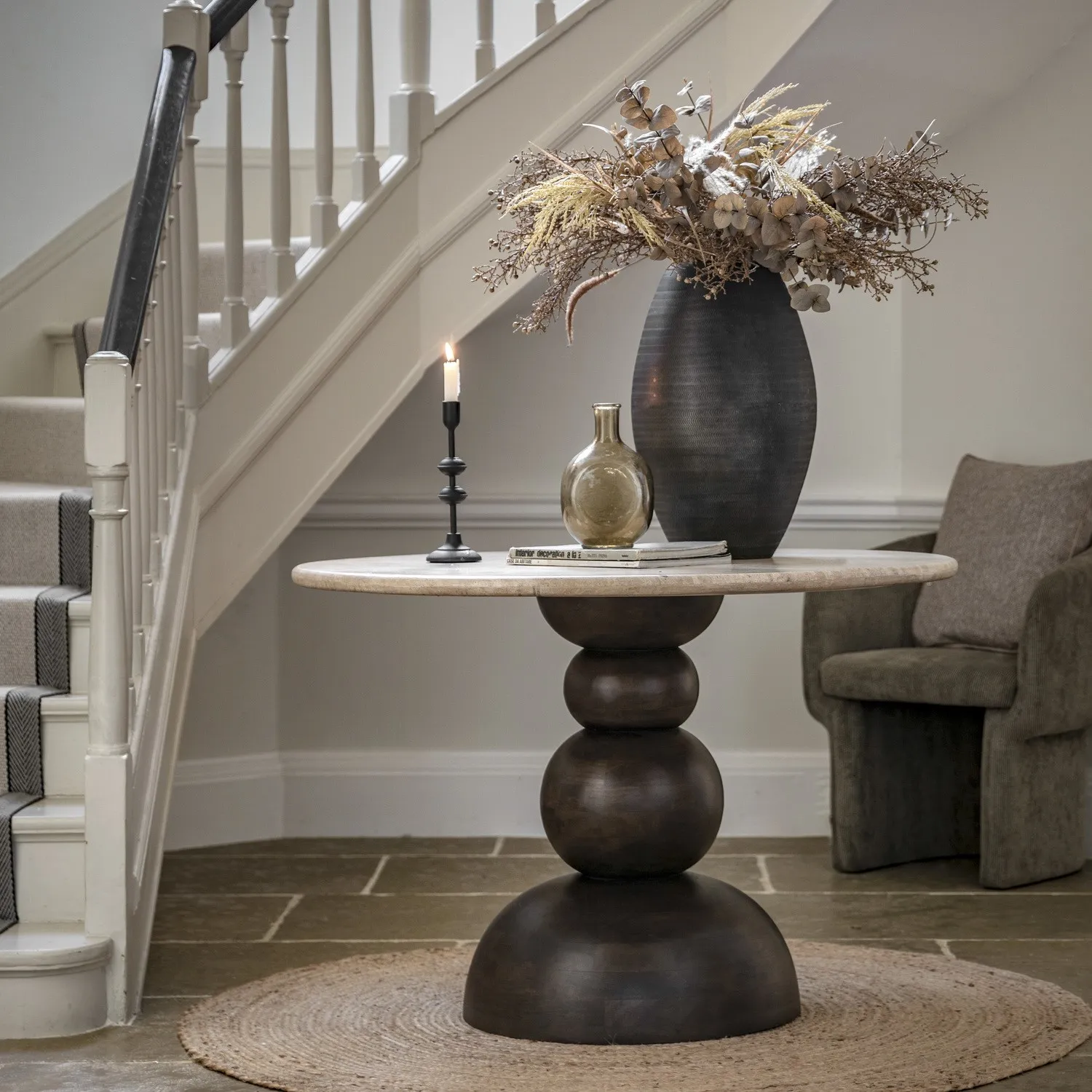 Round Dining Table with Travertine Top - Brown, Wood