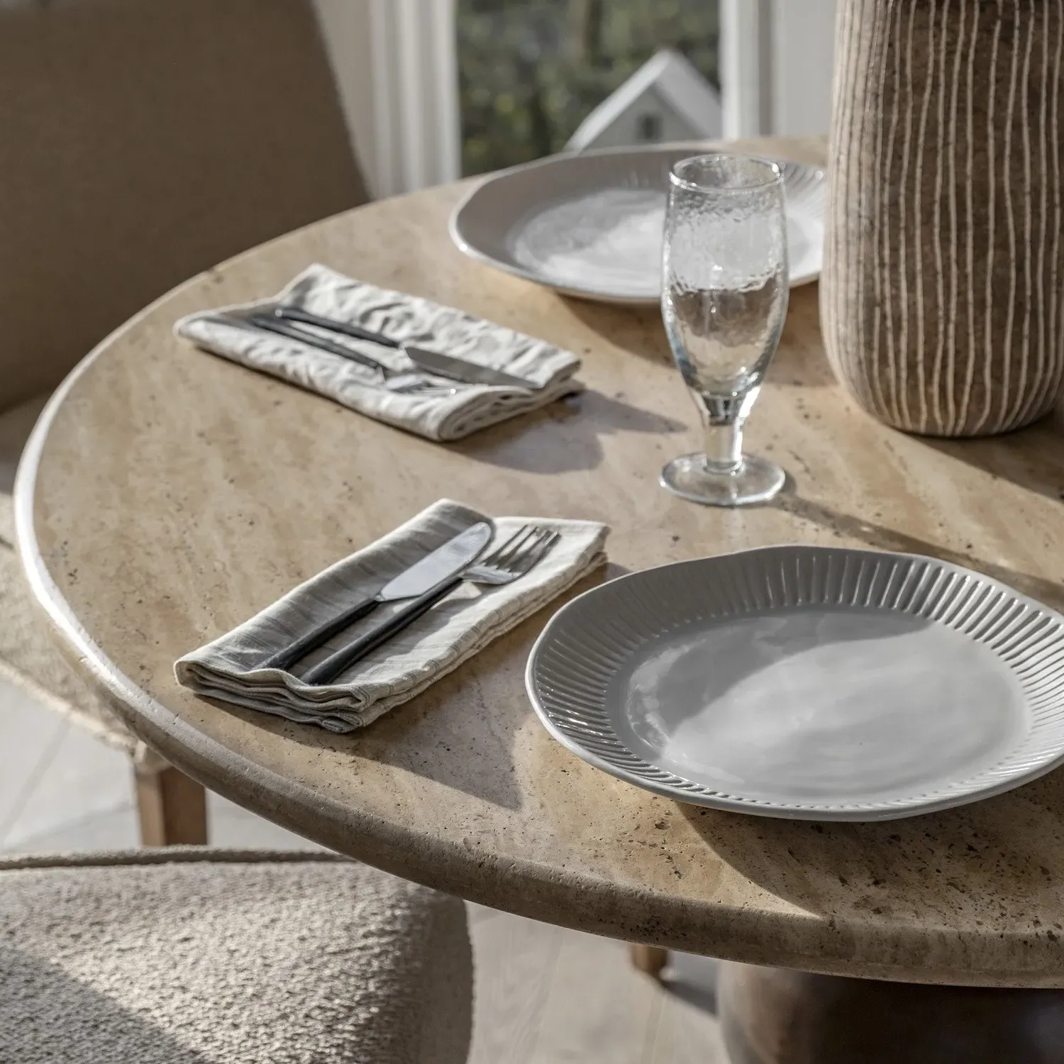 Round Dining Table with Travertine Top - Brown, Wood