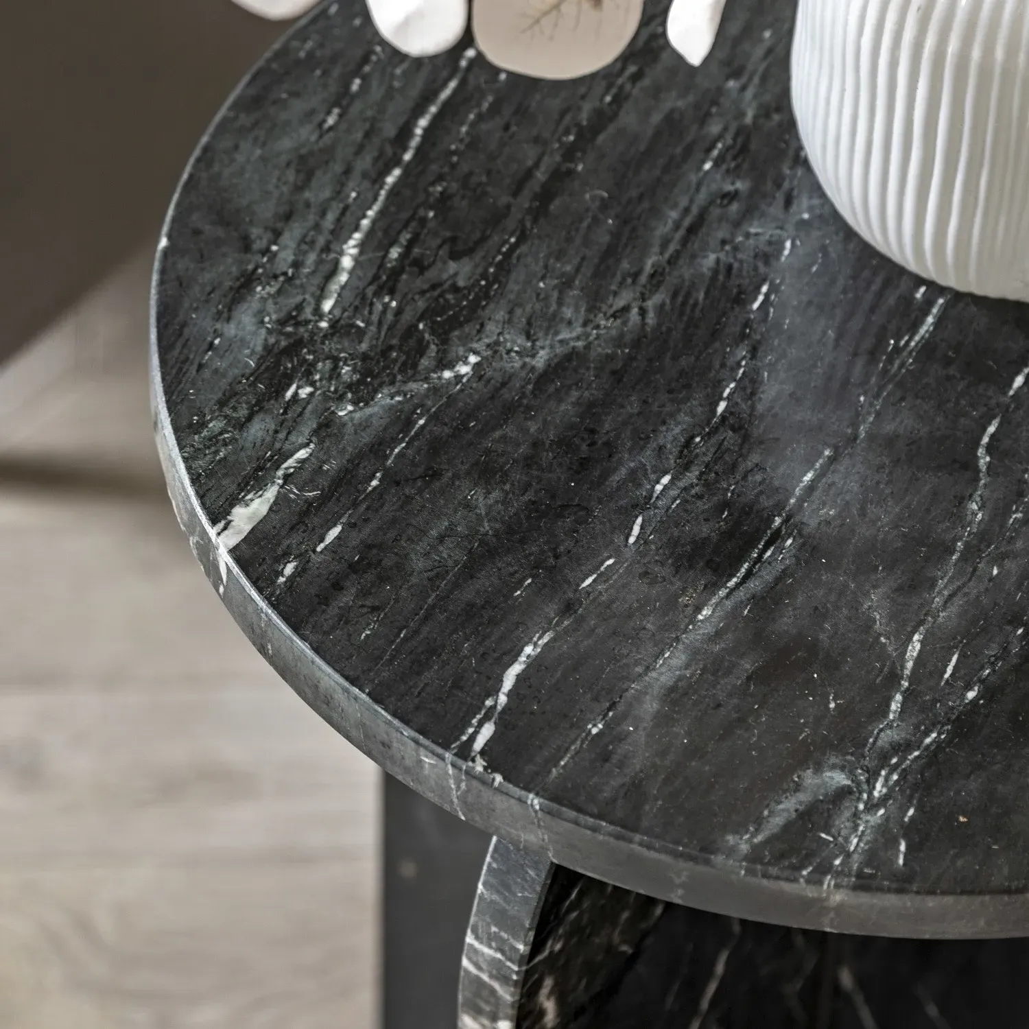 Round Side Table - Black, Marble Effect