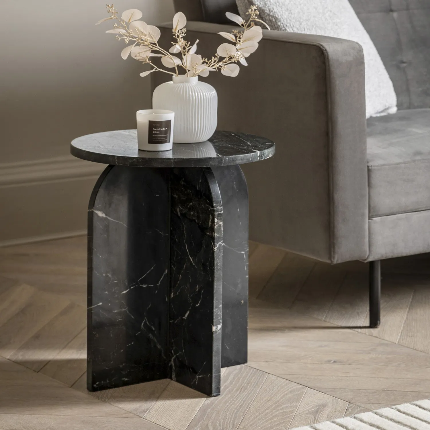 Round Side Table - Black, Marble Effect image
