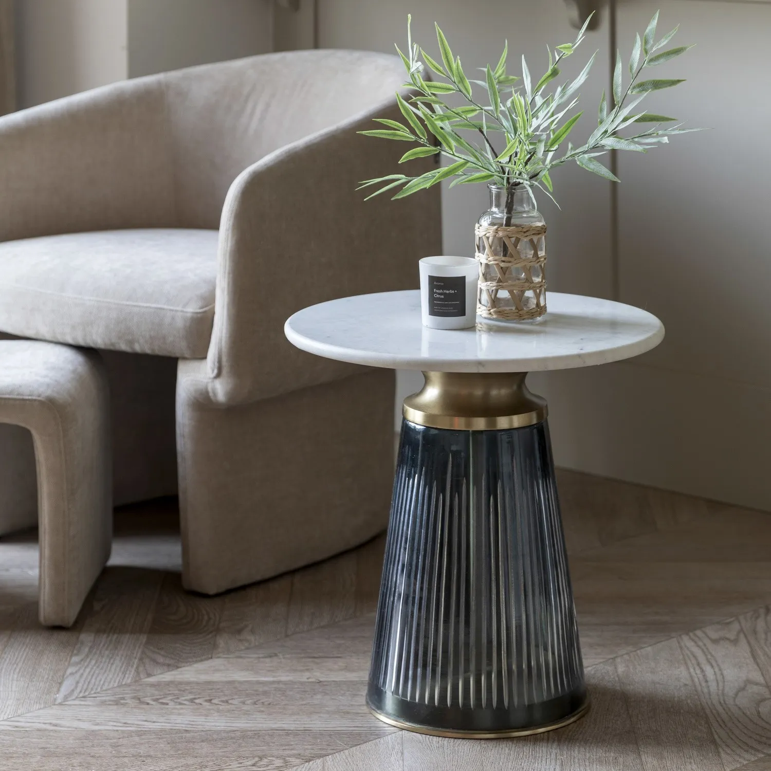 Round Side Table - Blue Glass, White Marble
