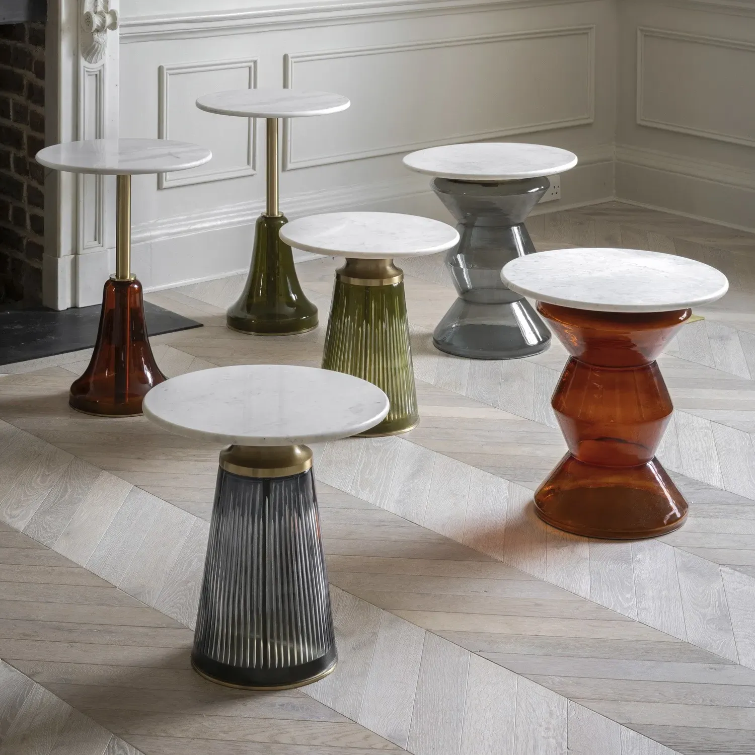 Round Side Table - Green Glass, White Marble