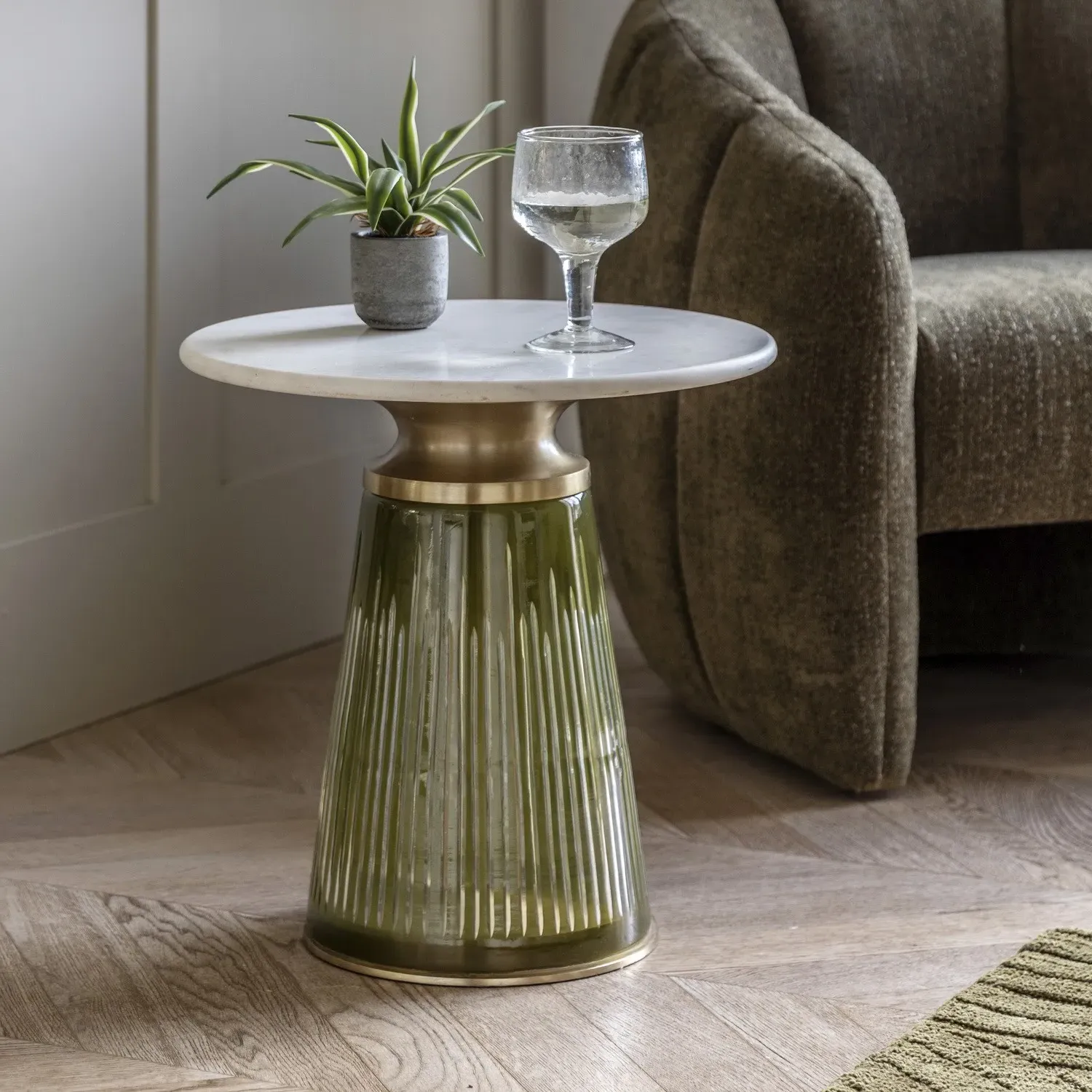 Round Side Table - Green Glass, White Marble