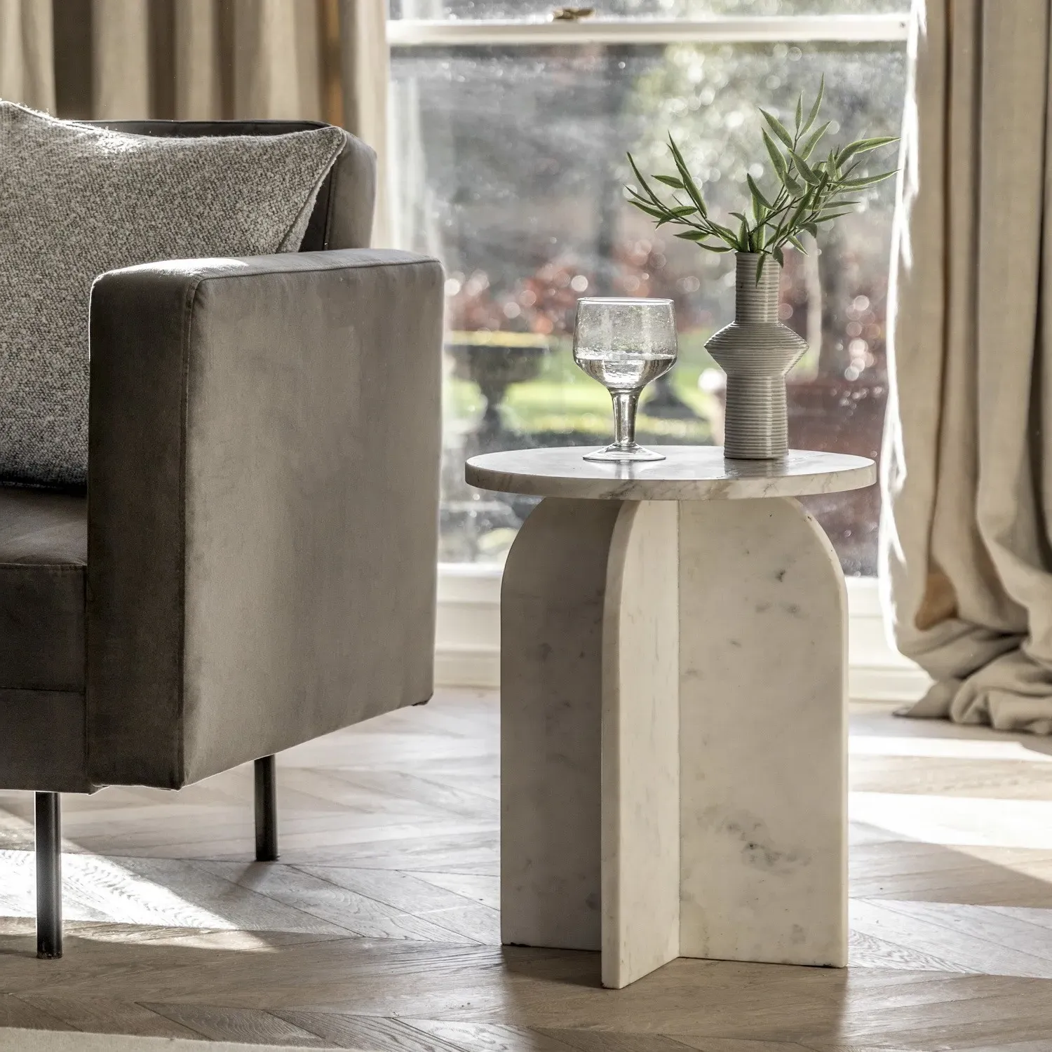 Round Side Table - White, Marble Effect
