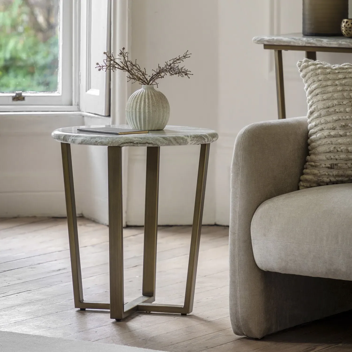 Round Side Table with Brass Legs - Green, Marble image