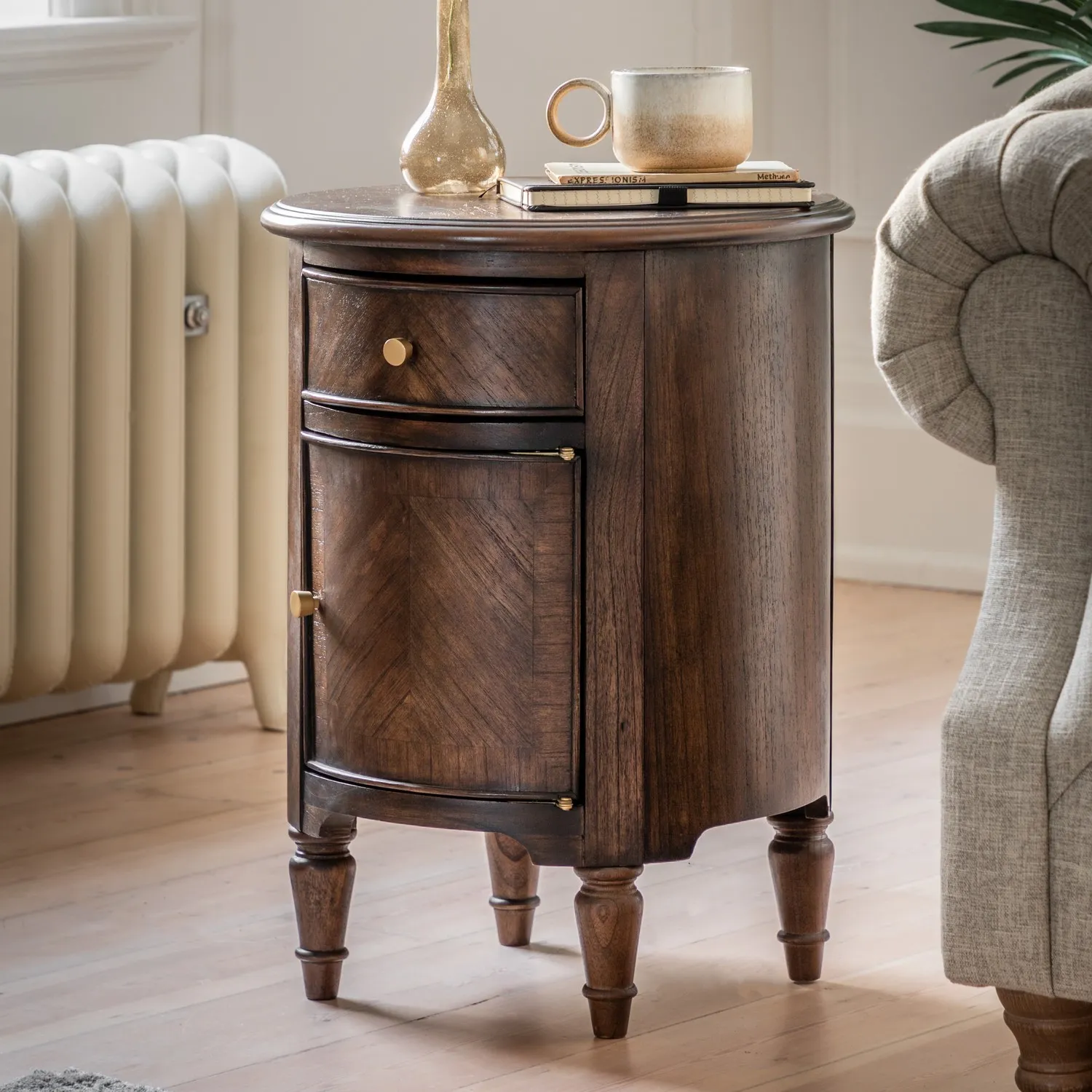 Round Side Table with Drawer & Cupboard - Walnut