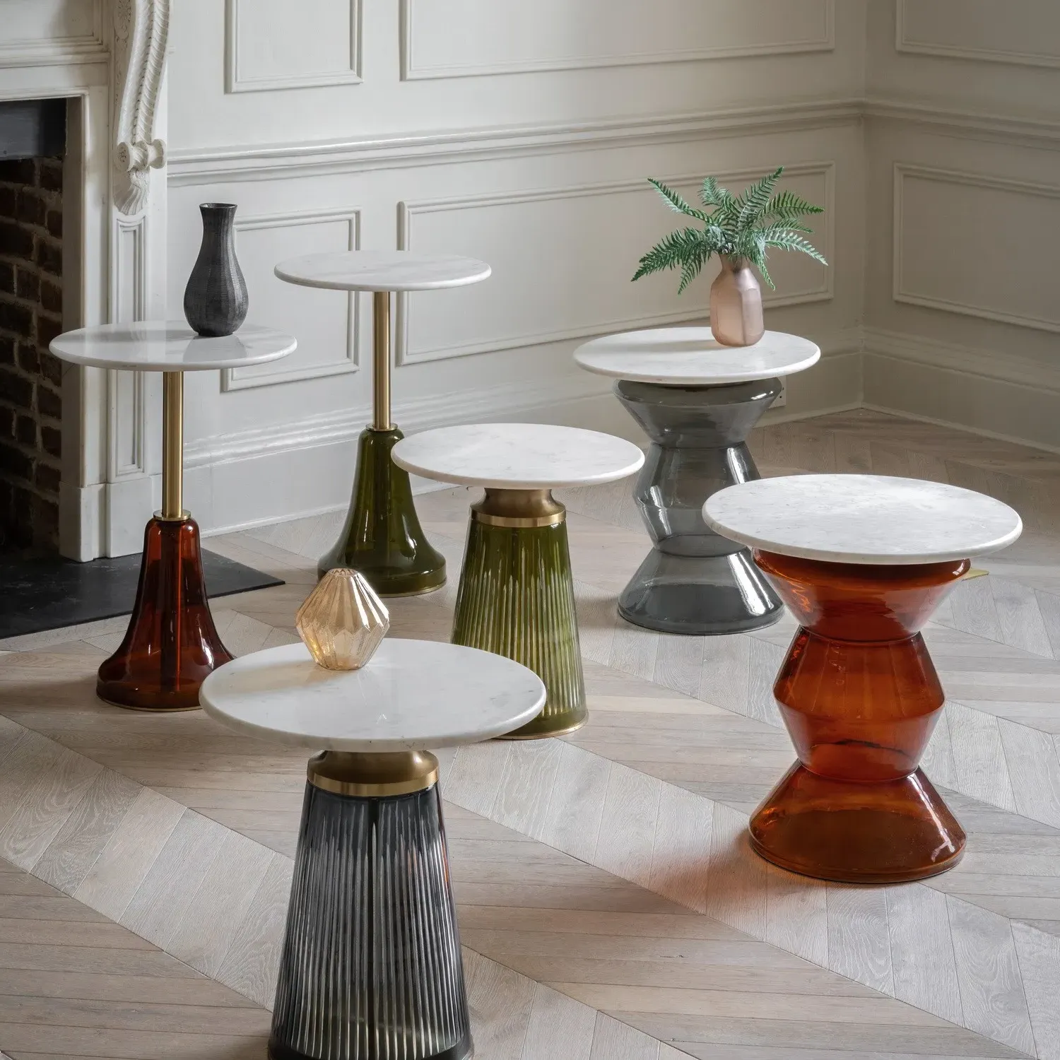 Round Side Table with Glass Base - Green, Marble