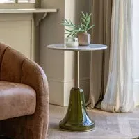 Round Side Table with Glass Base - Green, Marble