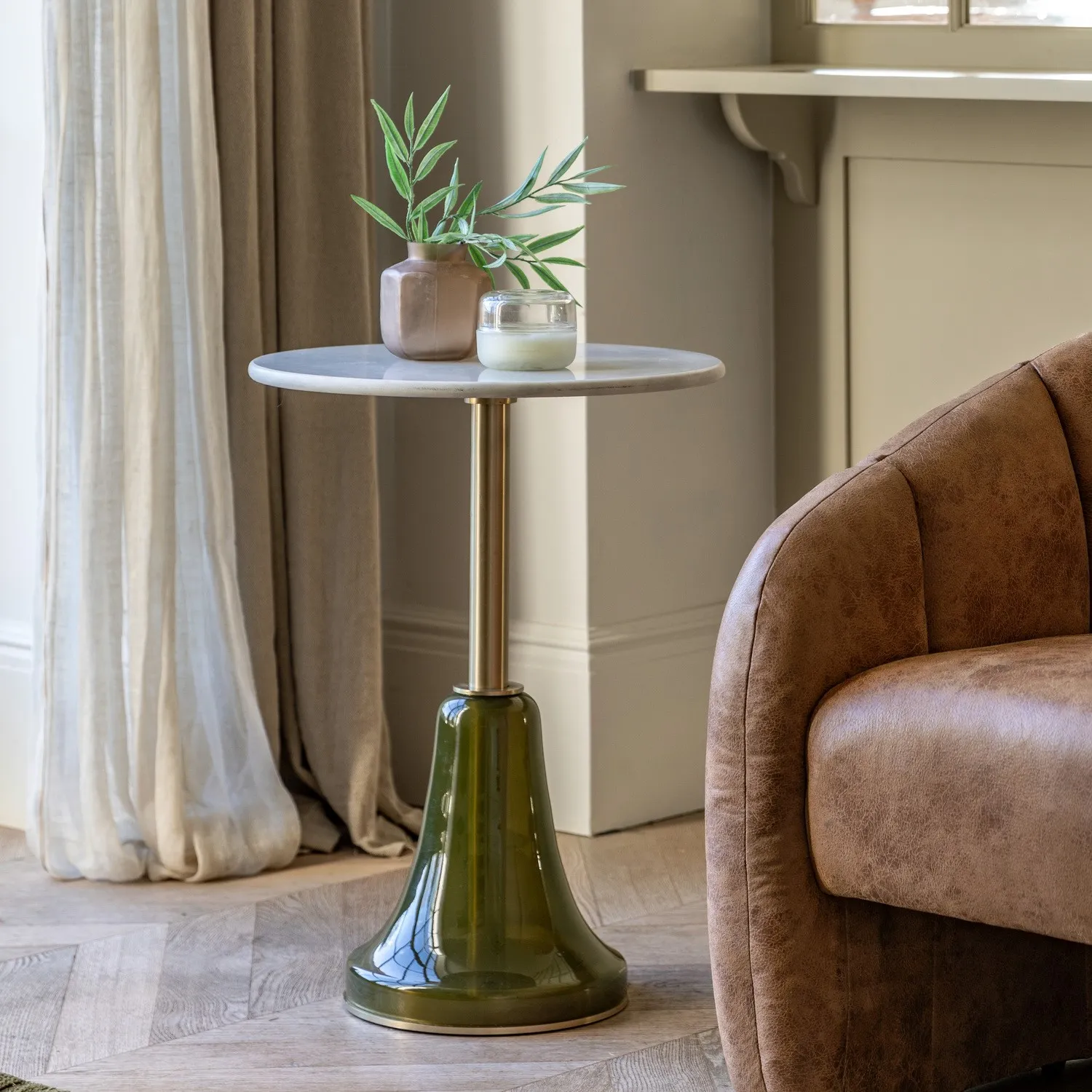 Round Side Table with Glass Base - Green, Marble image