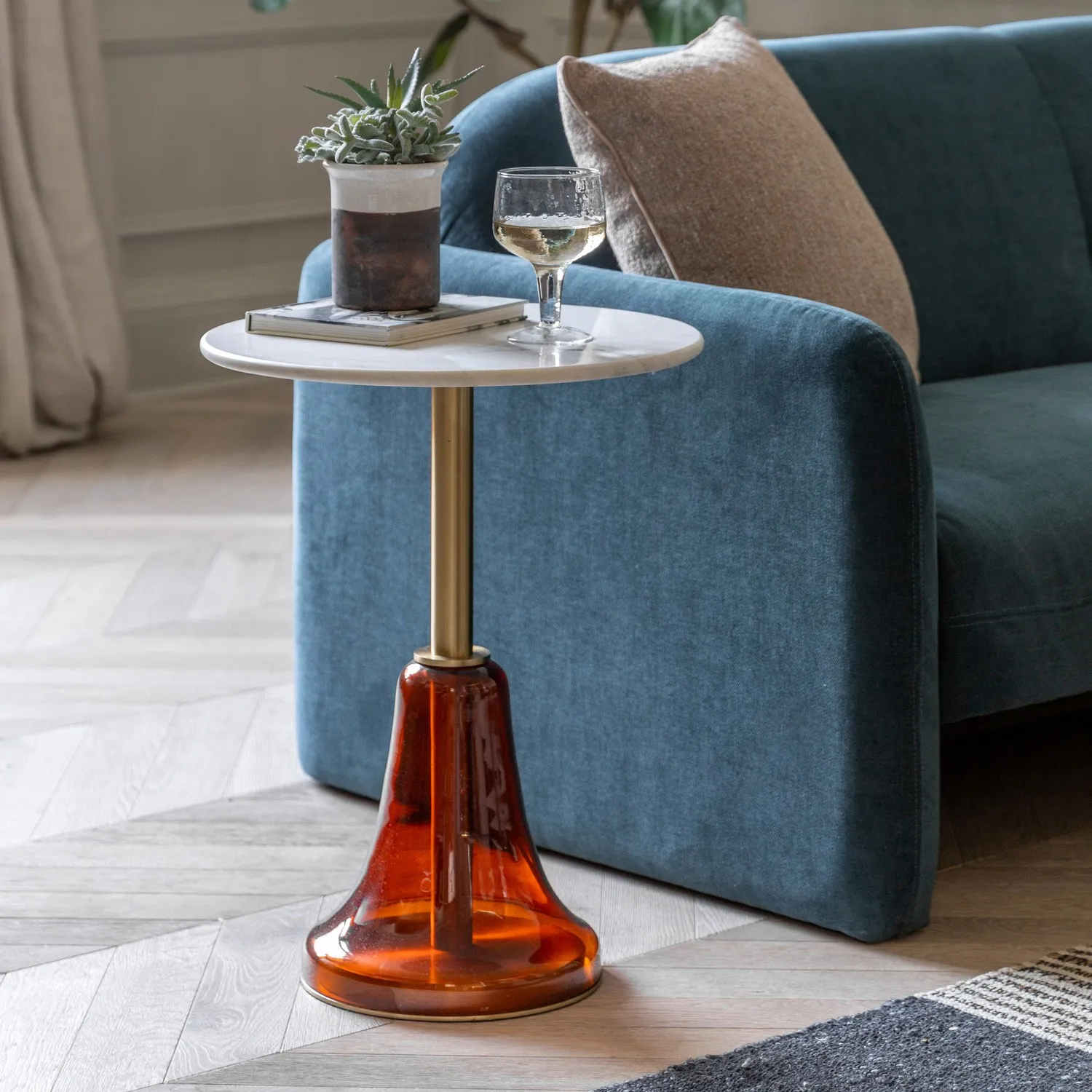 Round Side Table with Glass Base - Orange, Marble
