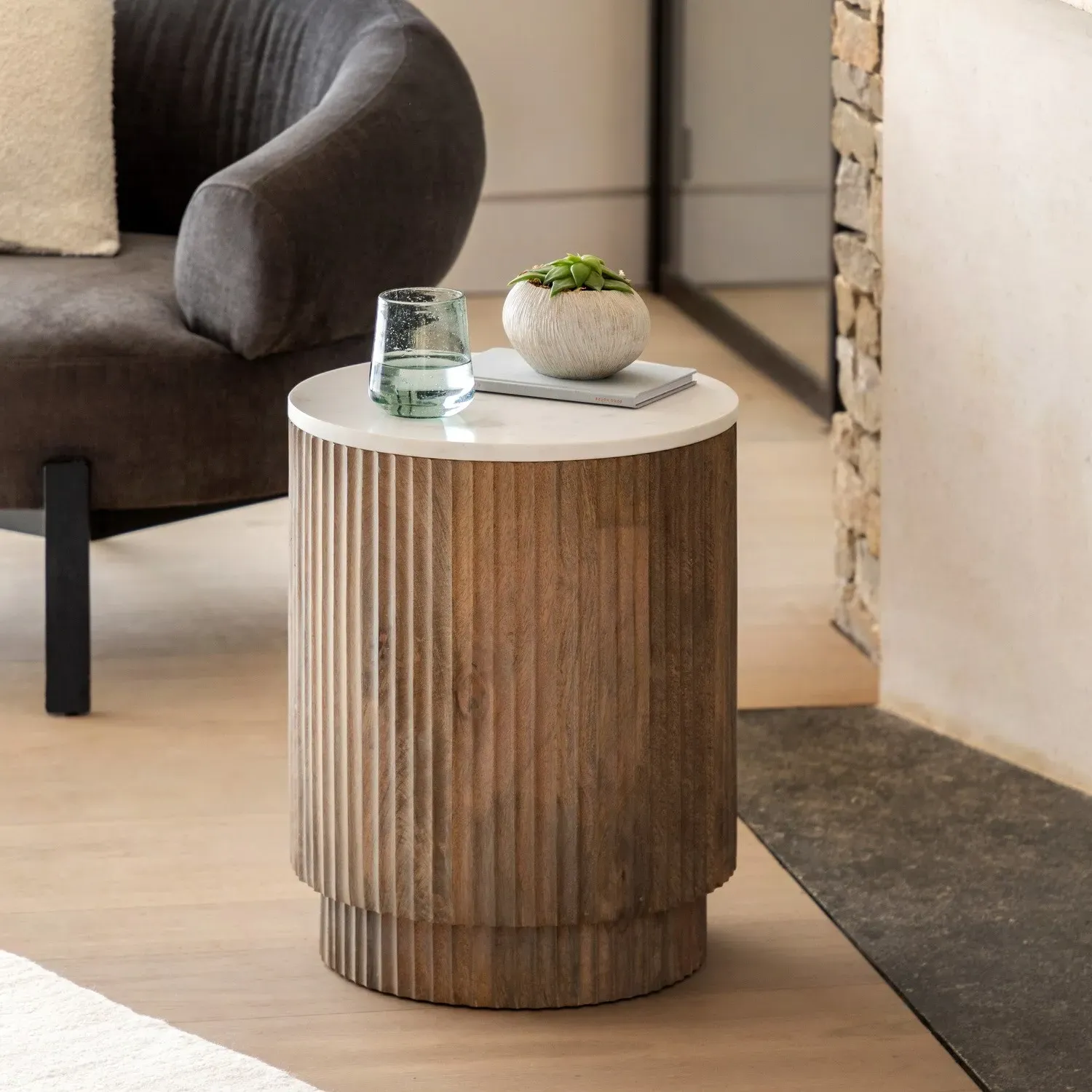 Round Side Table with Marble Top - White, Wood image
