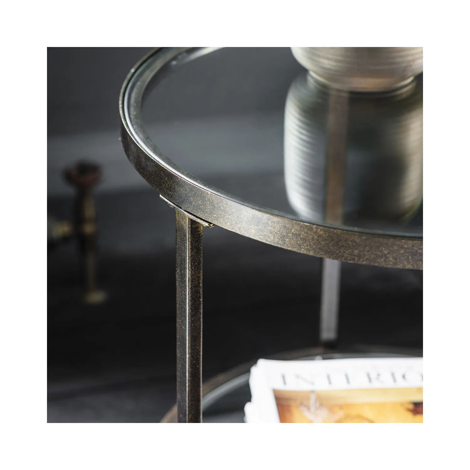 Round Side Table with Storage - Bronze, Glass