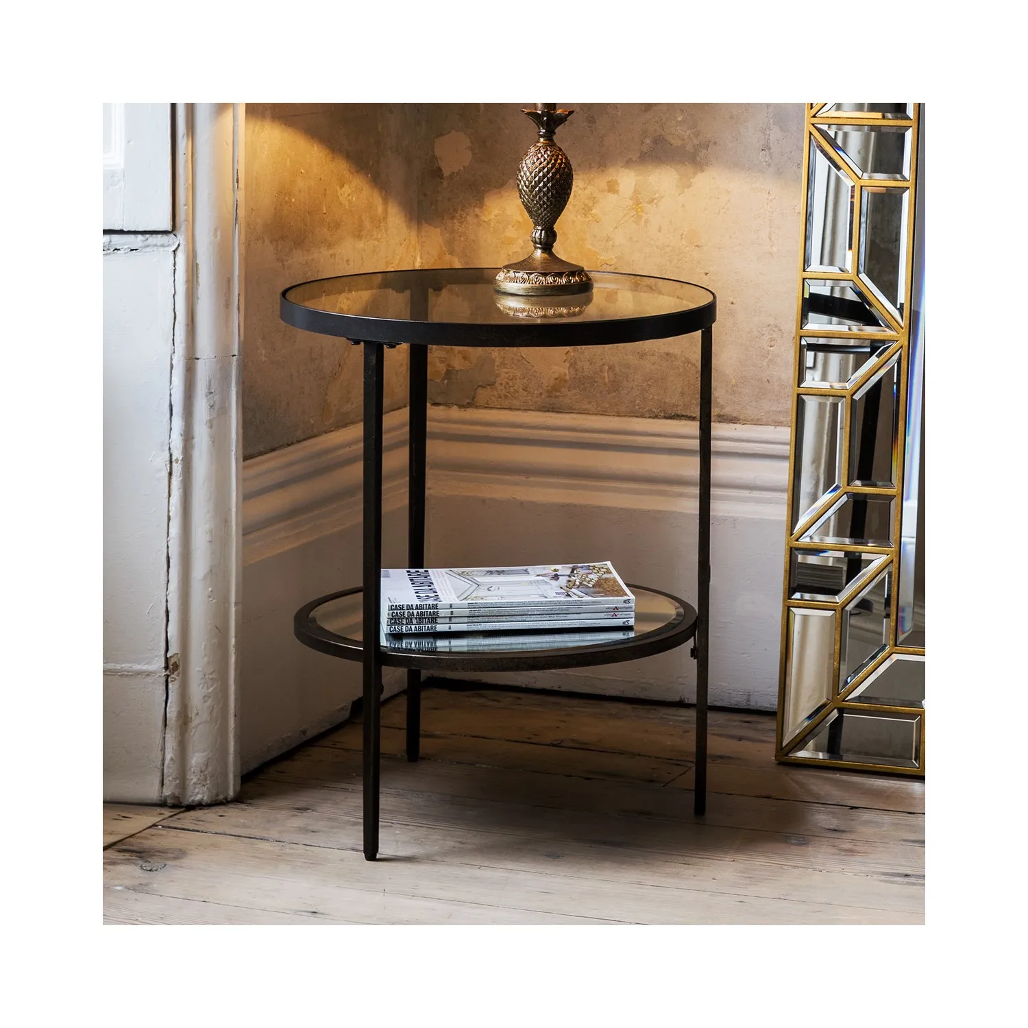 Round Side Table with Storage - Bronze, Glass