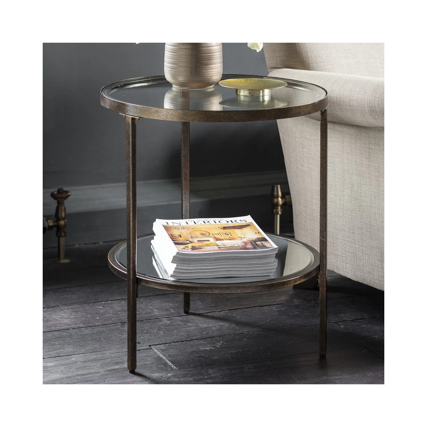 Round Side Table with Storage - Bronze, Glass image
