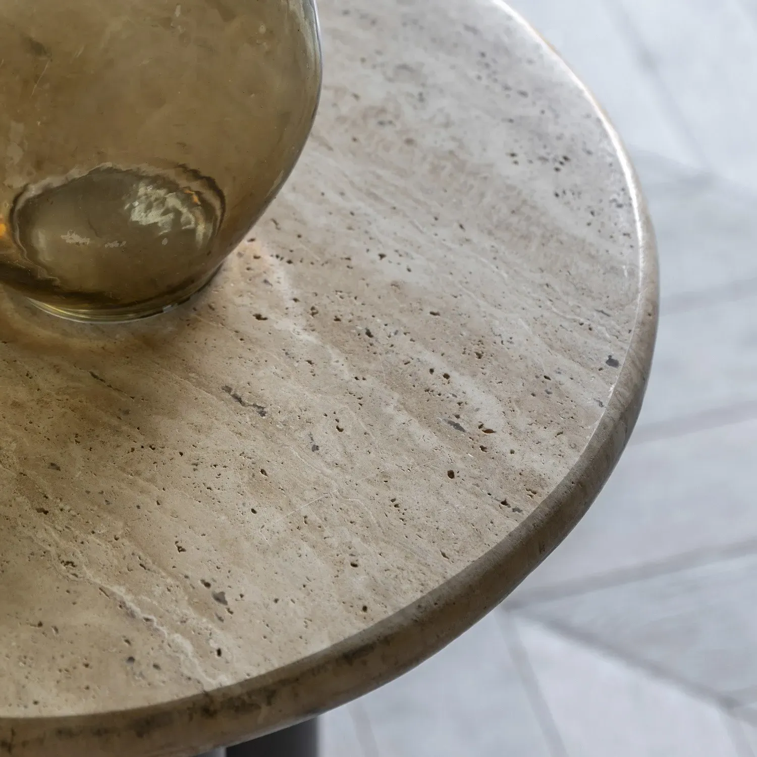 Round Side Table with Storage - Brown, Travertine