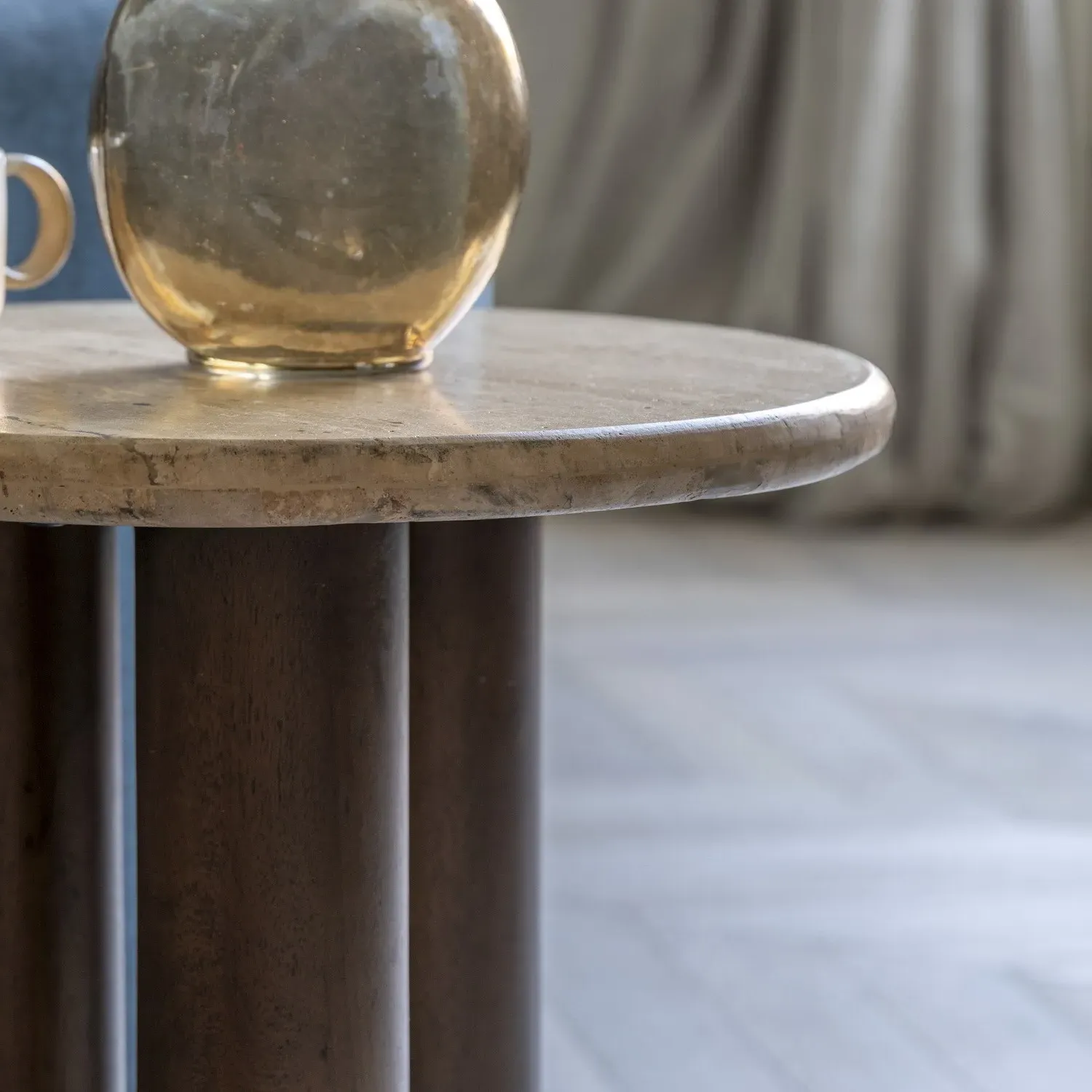Round Side Table with Storage - Brown, Travertine