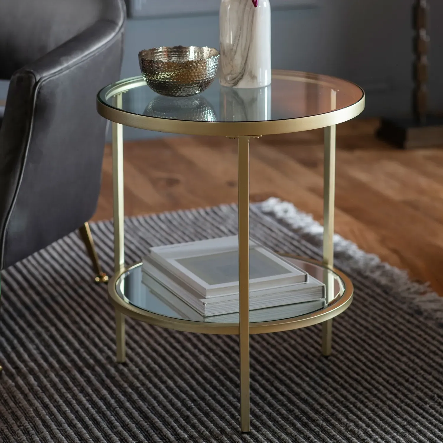 Round Side Table with Storage - Gold, Glass