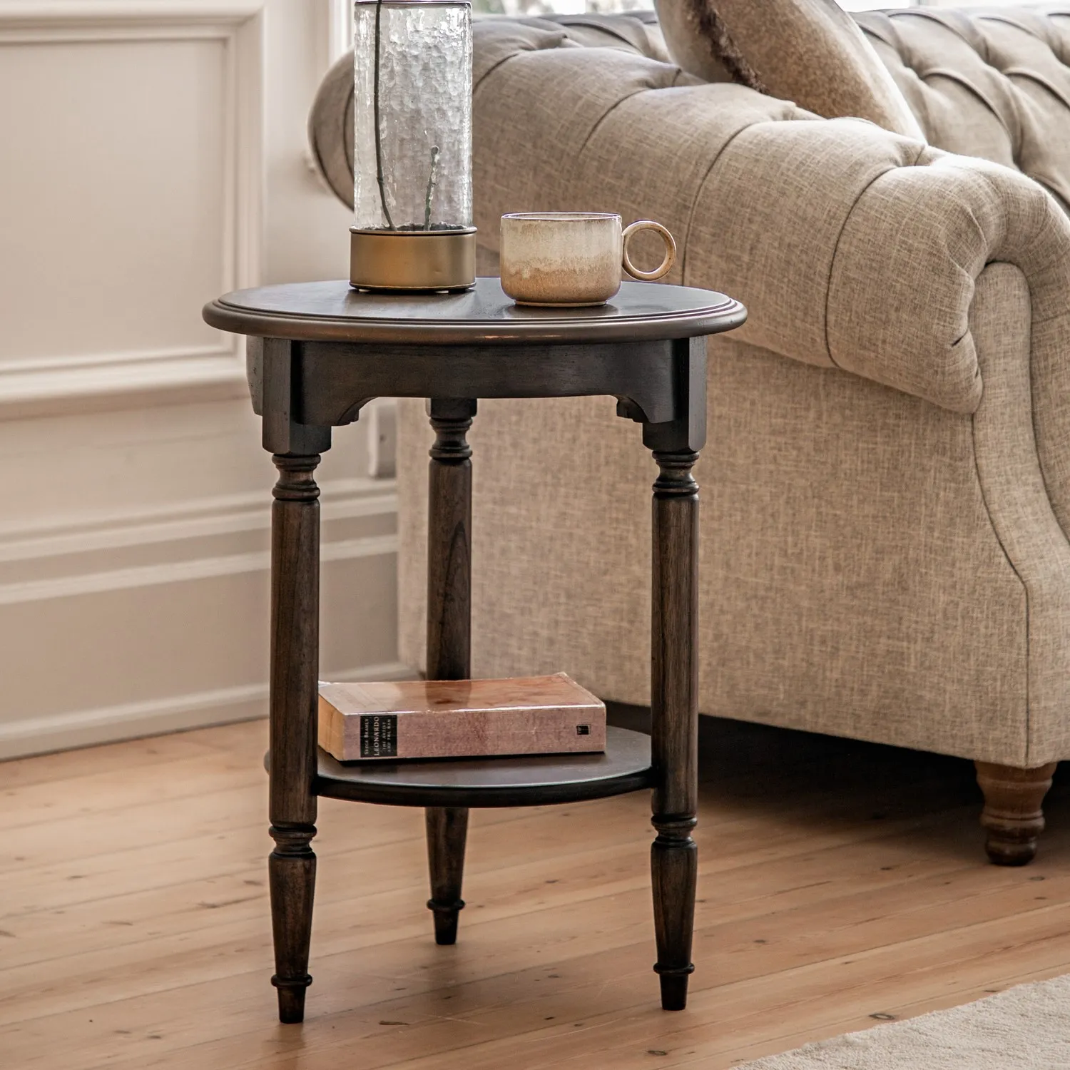 Round Side Table with Storage Shelf - Walnut