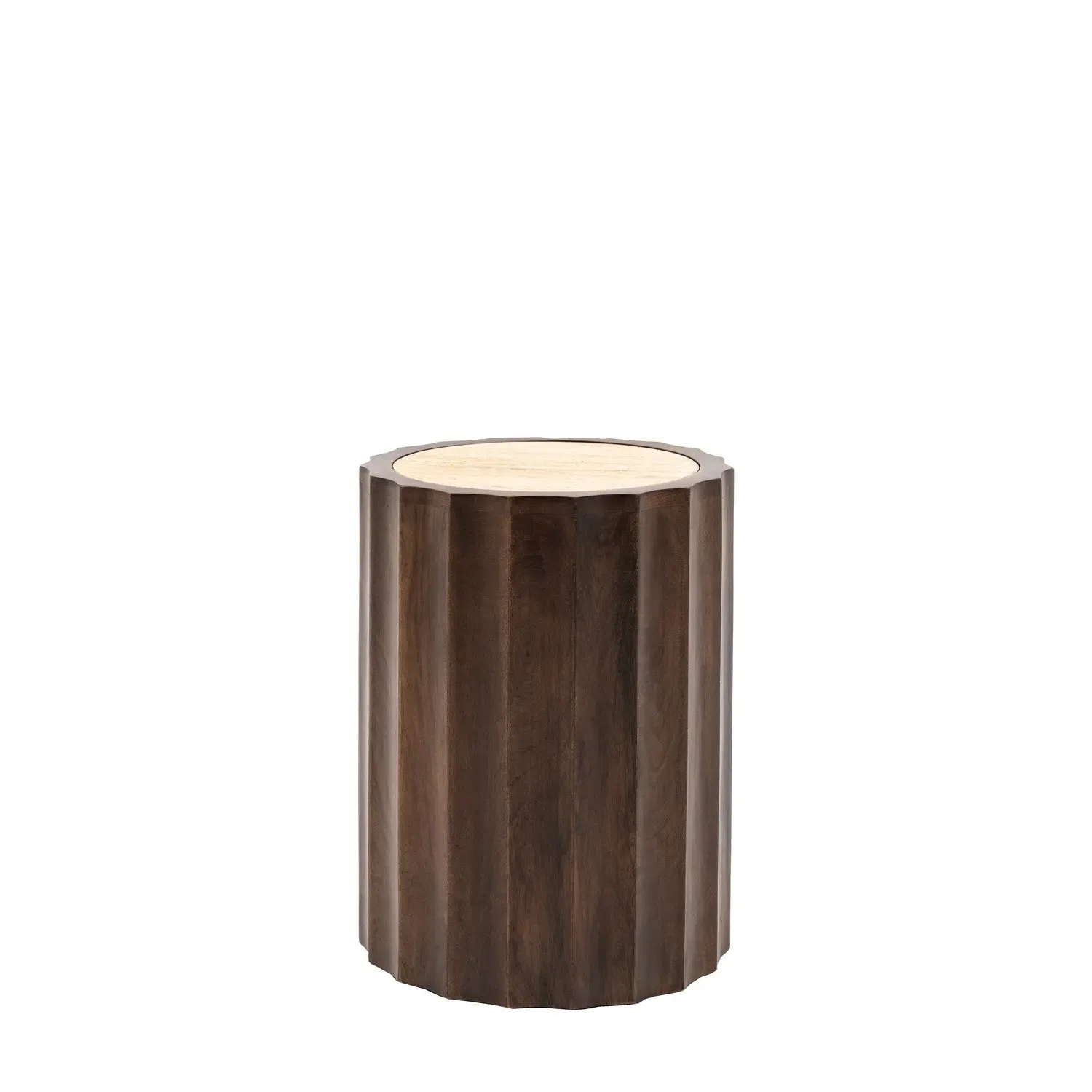 Round Side Table with Travertine Top - Brown, Wood