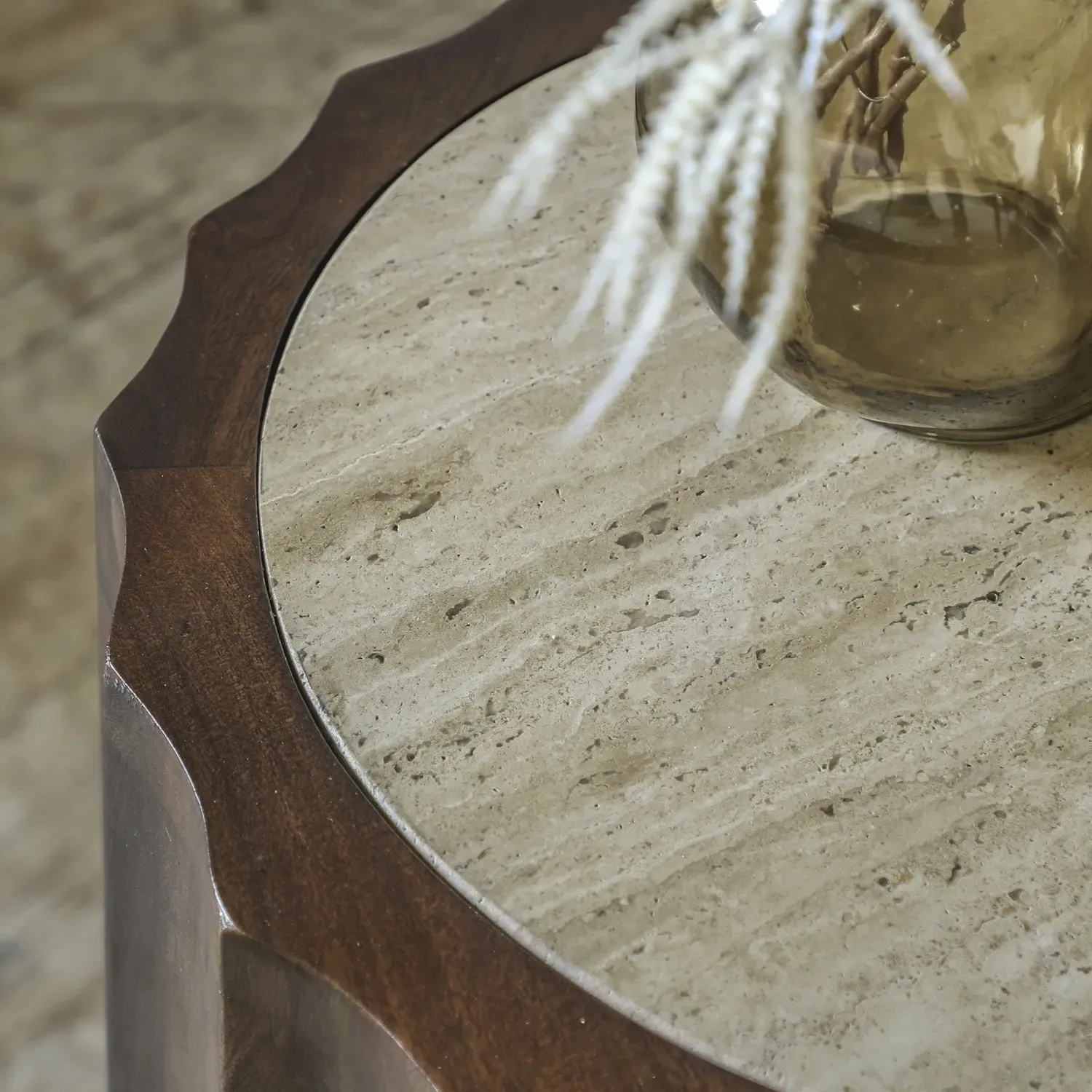 Round Side Table with Travertine Top - Brown, Wood