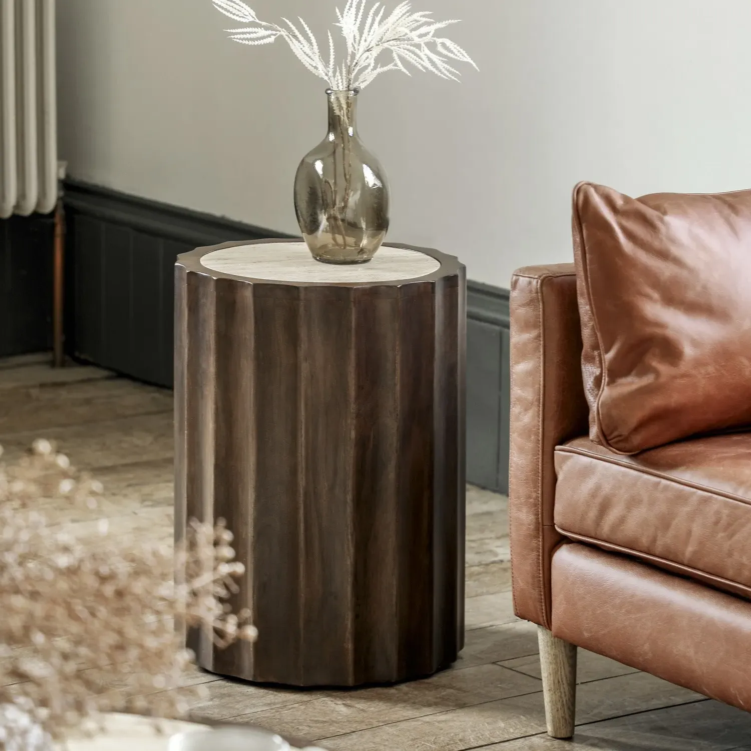 Round Side Table with Travertine Top - Brown, Wood