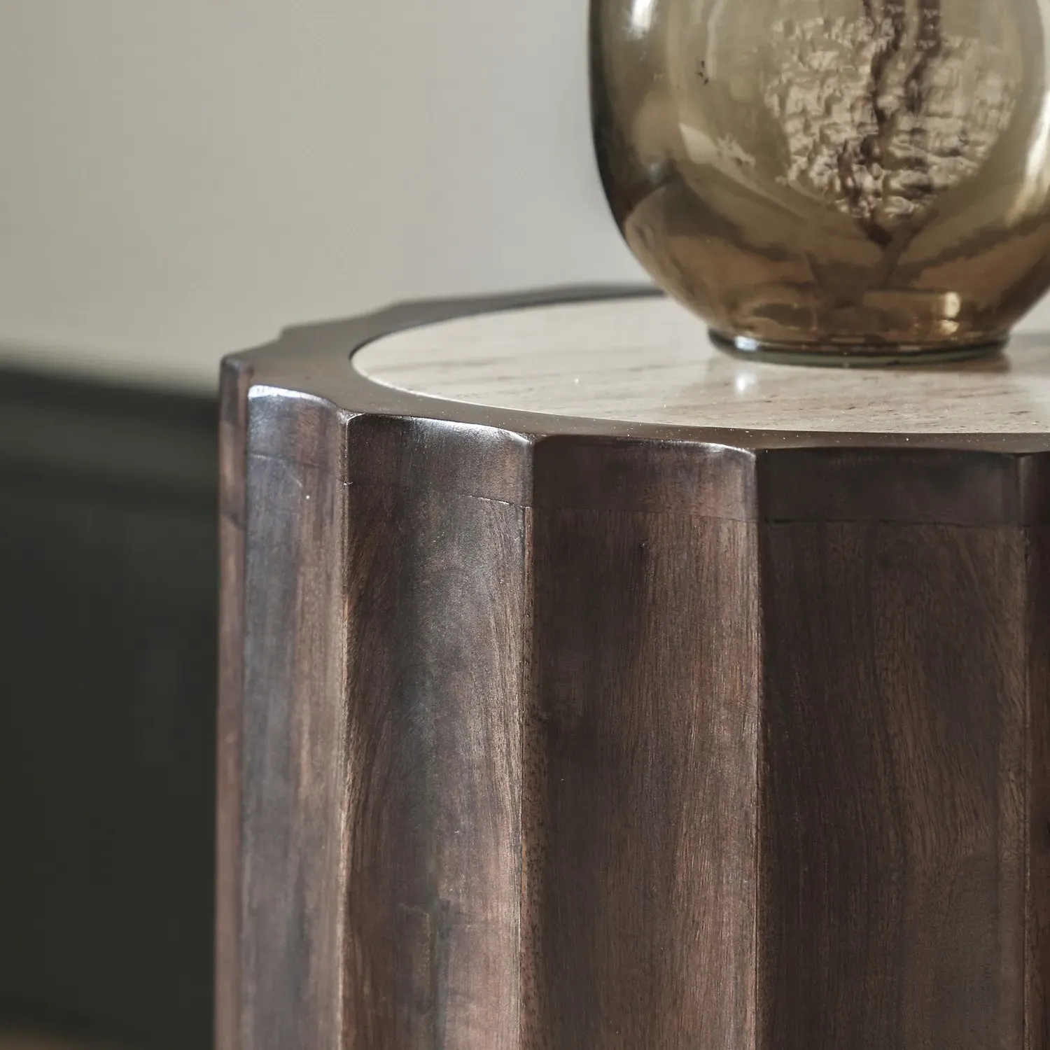 Round Side Table with Travertine Top - Brown, Wood