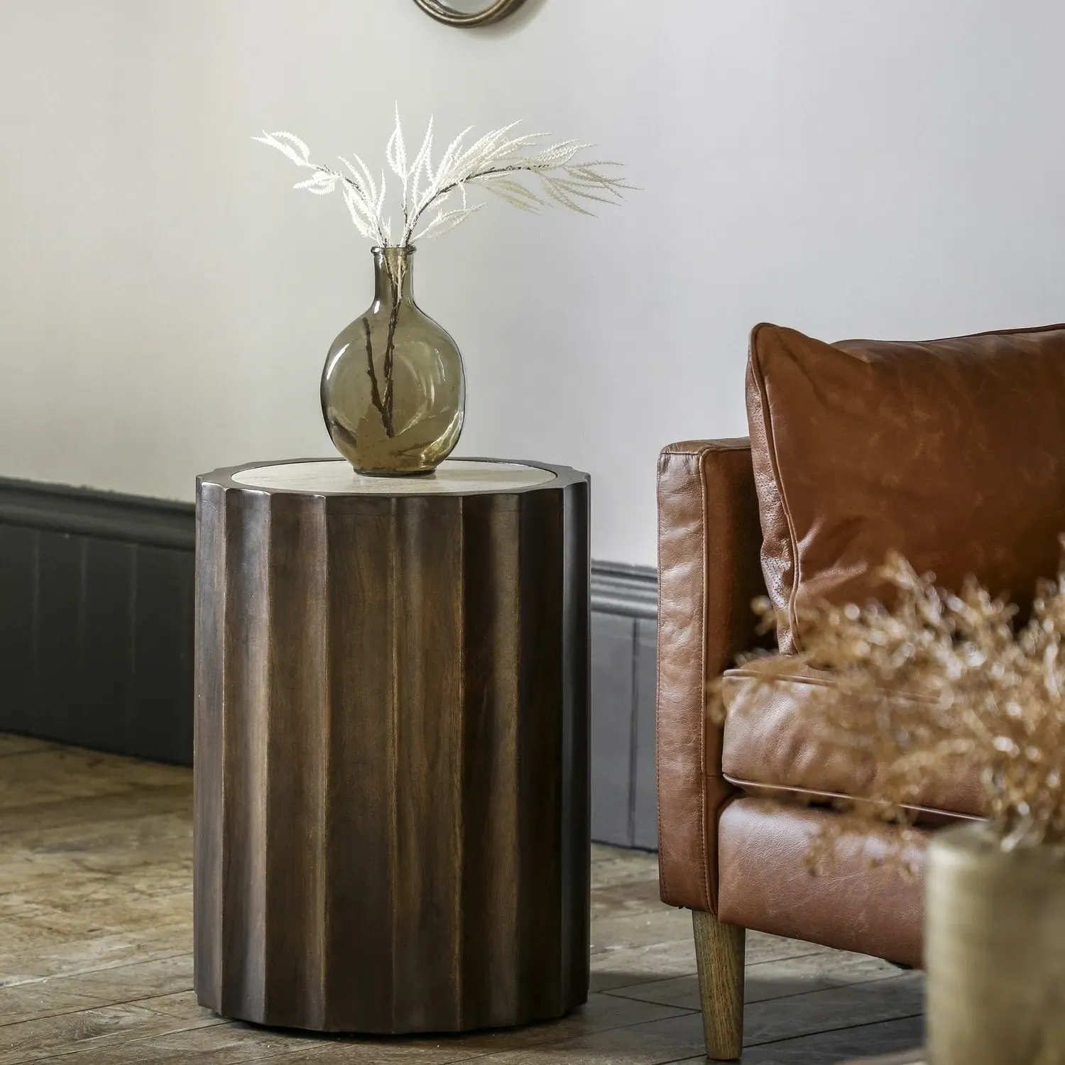 Round Side Table with Travertine Top - Brown, Wood image