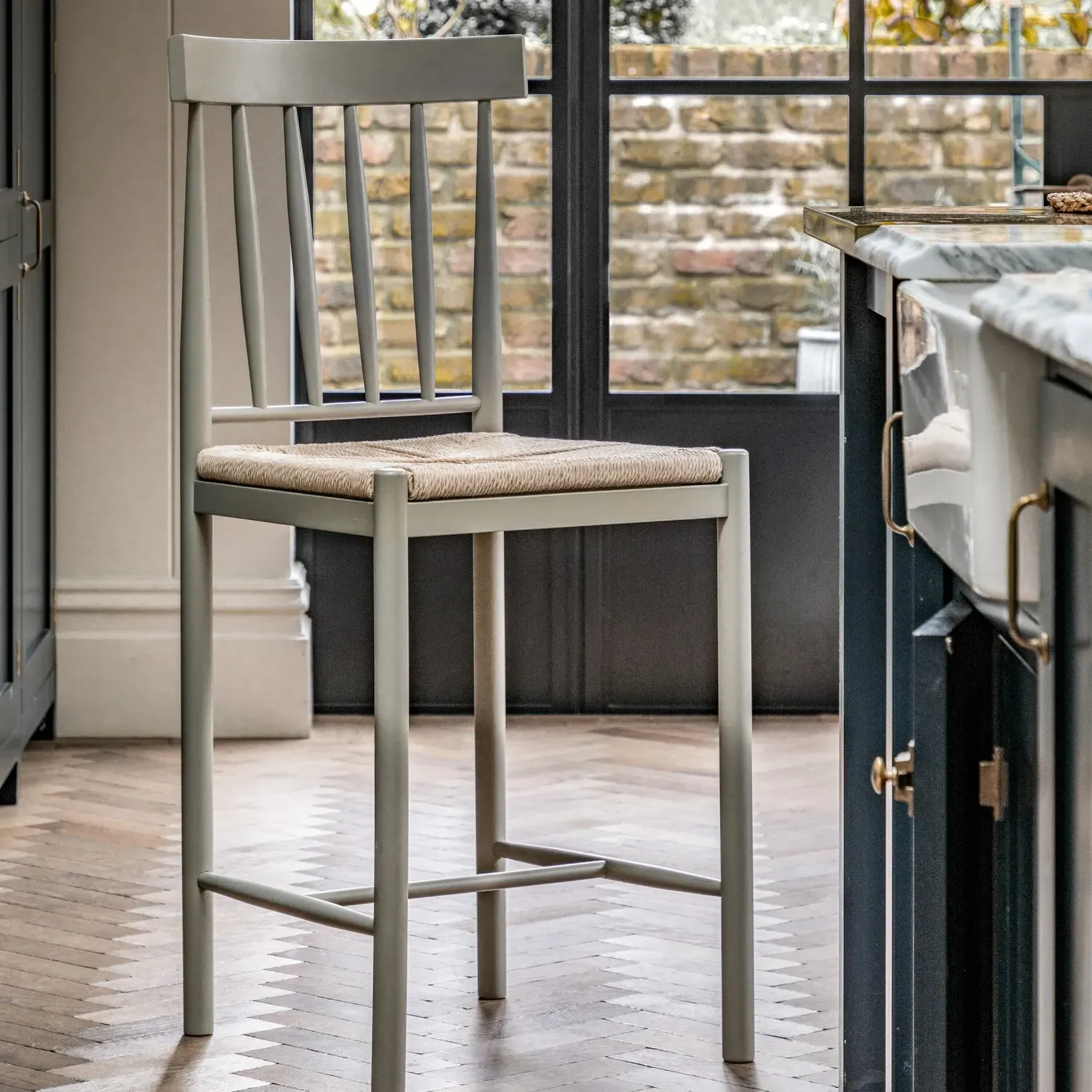 Set of 2 Kitchen Stools with Woven Seats - Green, Oak