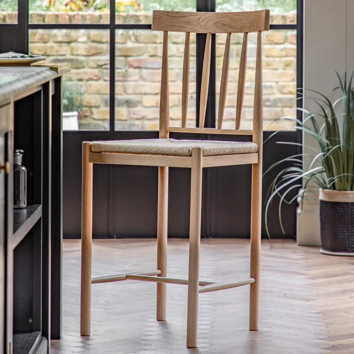 Set of 2 Kitchen Stools with Woven Seats - Natural, Oak