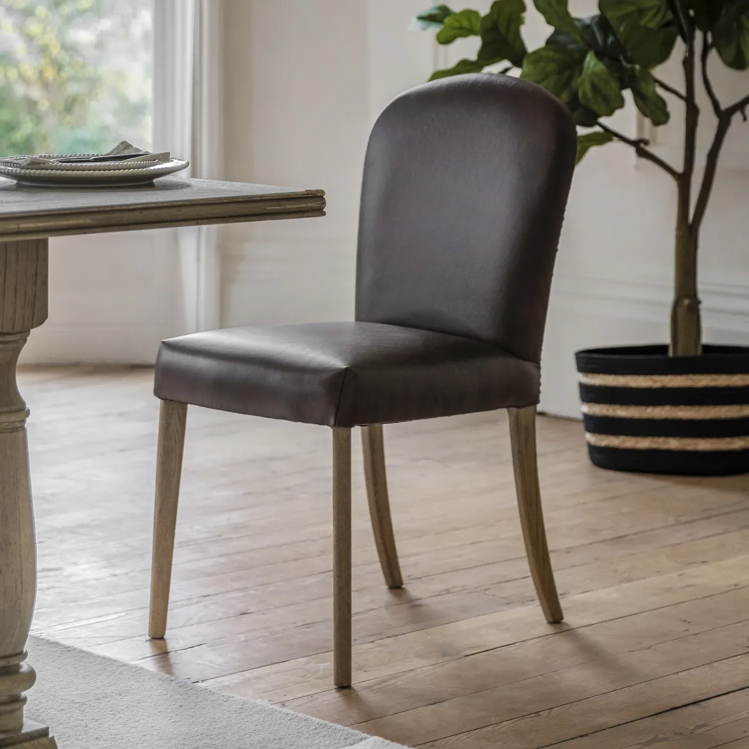 Set of 2 Leather Dining Chairs - Brown, Leather