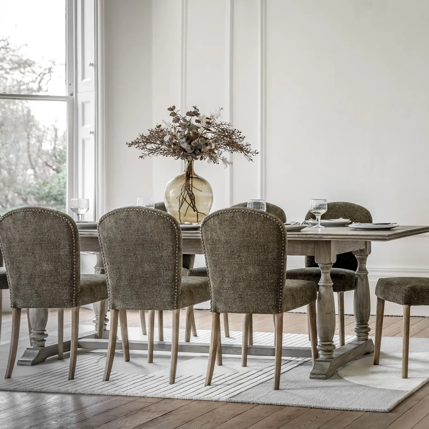 Set of 2 Upholstered Dining Chairs - Green, Fabric