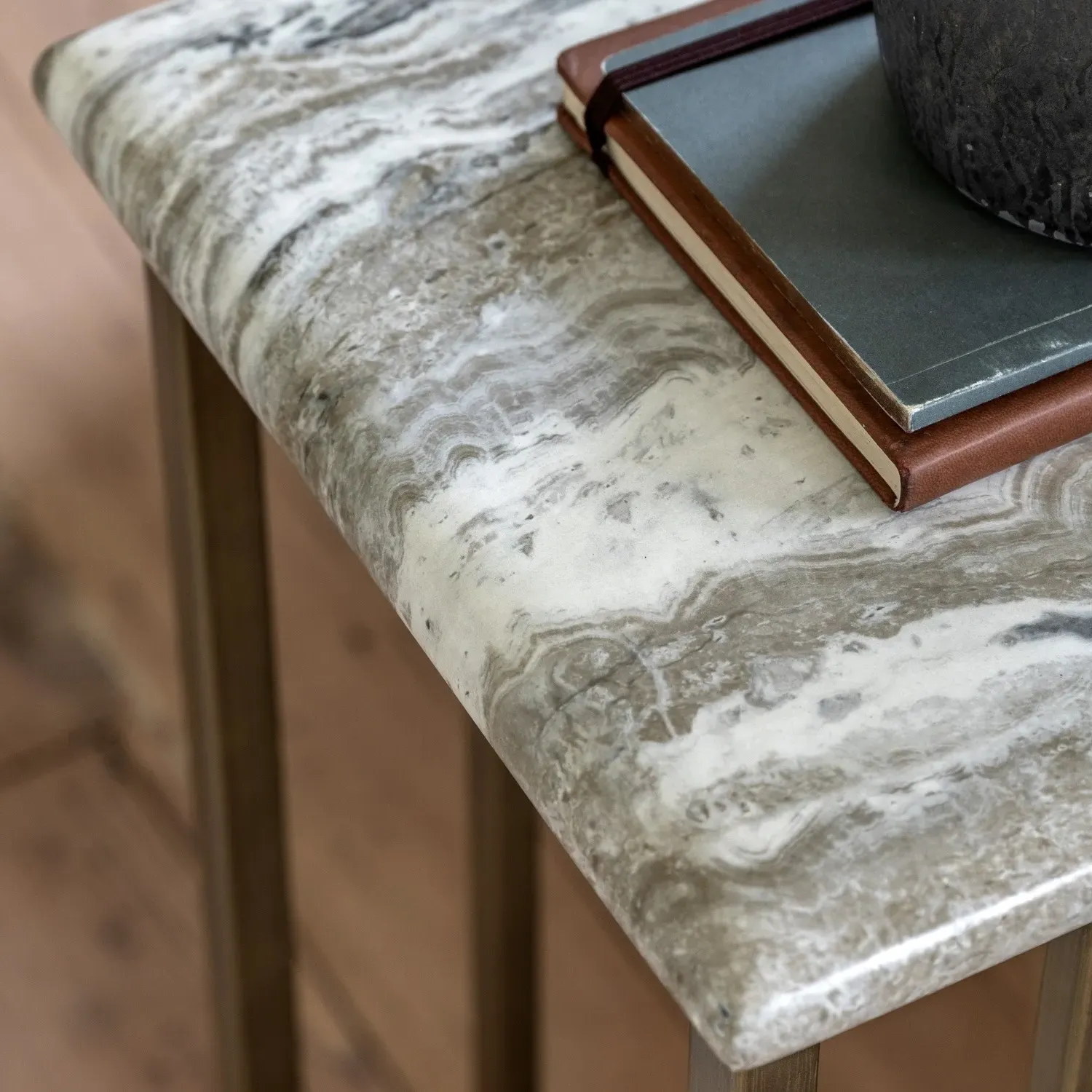 Side Table Marble Effect - Green, Metal