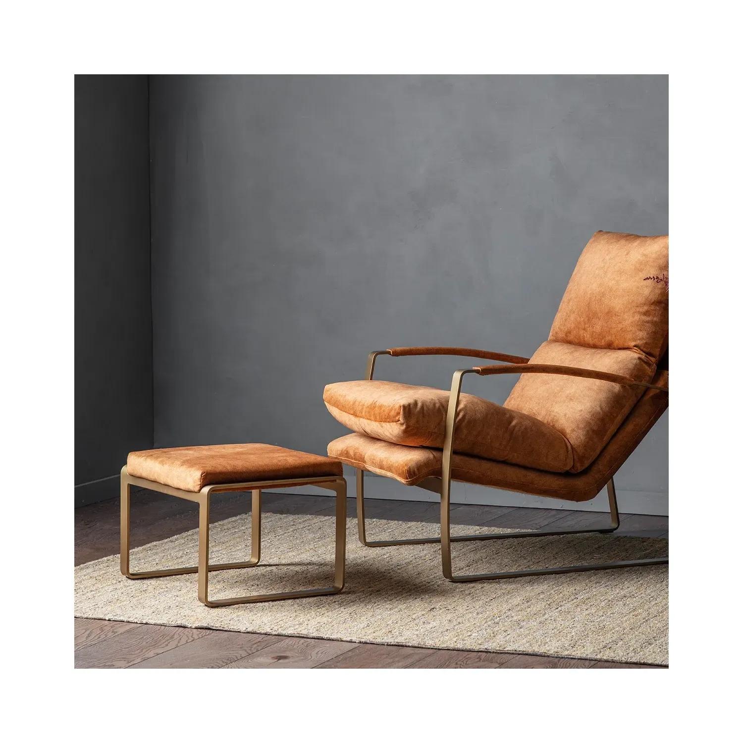 Small Footstool with Gold Legs - Tan, Leather