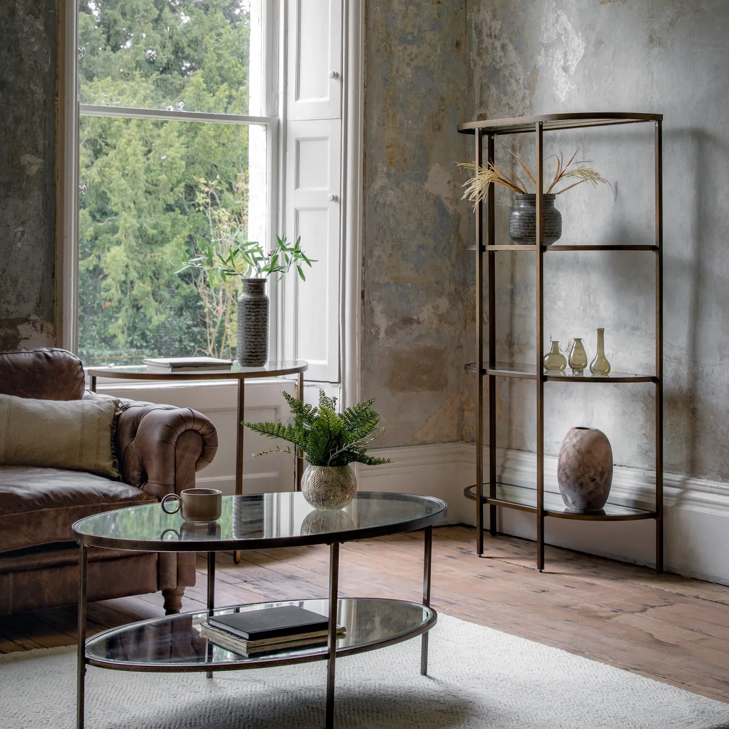 Tall Open Bookcase with Mirror Shelf - Bronze