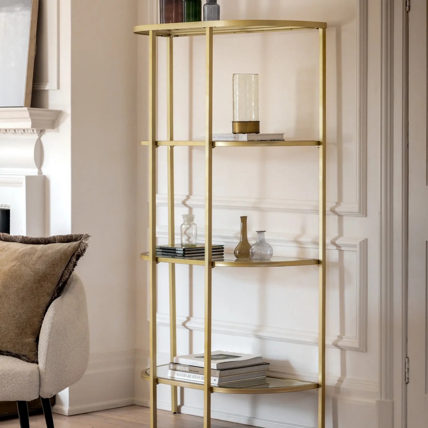 Tall Open Bookcase with Mirror Shelf - Gold, Glass
