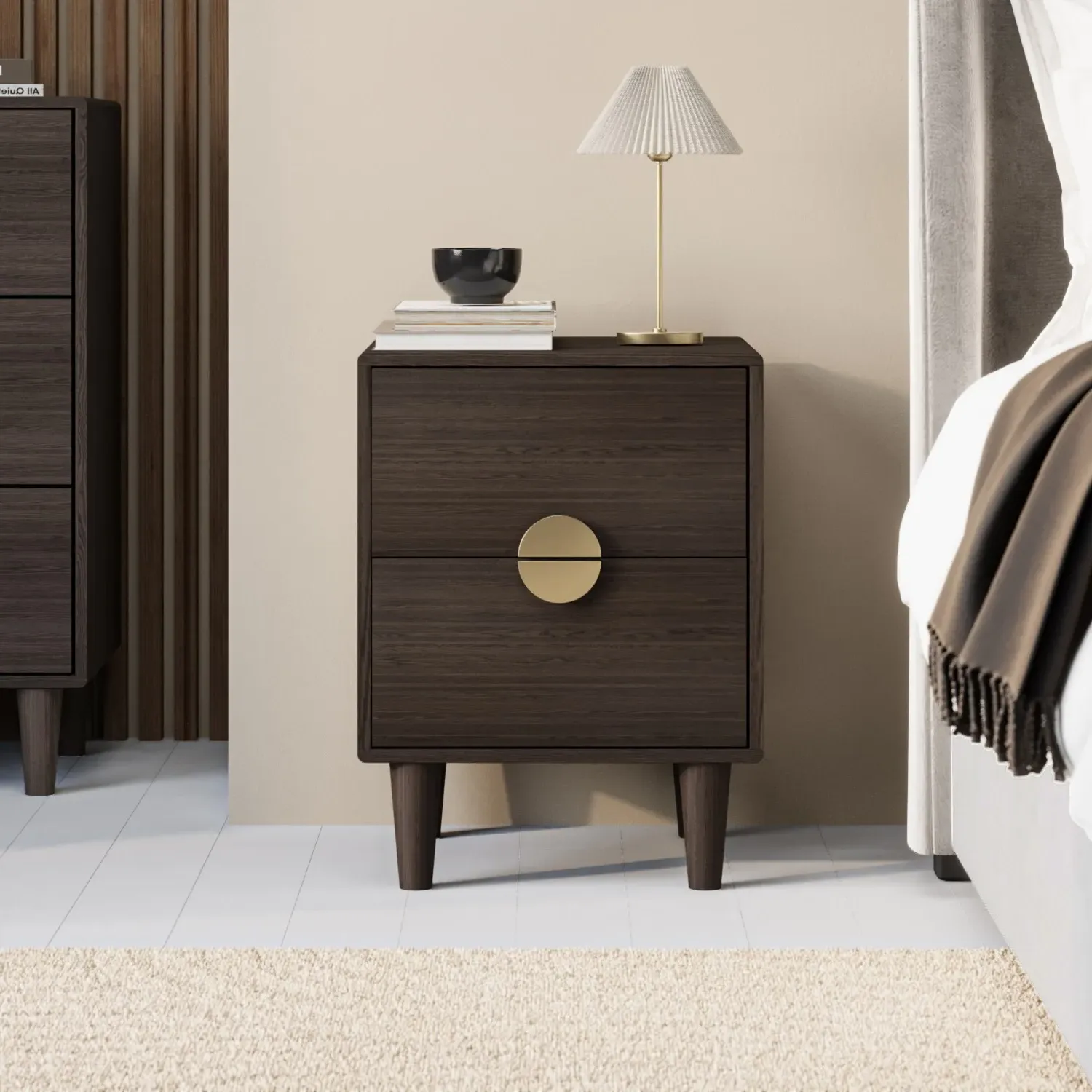 2-Drawer Bedside Table with Gold Handles - Wood image