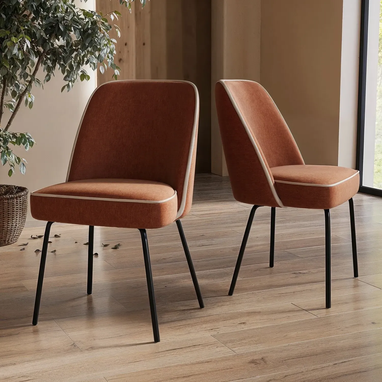 Set of 2 Curved Dining Chairs - Orange, Chenille image