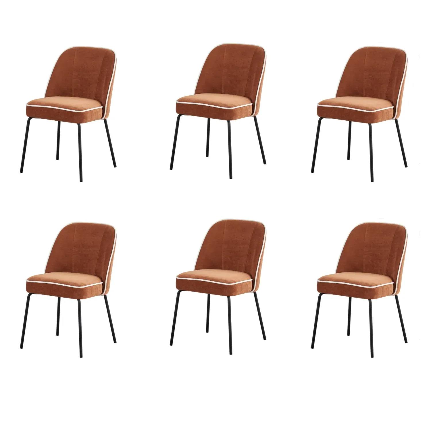 Set of 6 Curved Dining Chairs - Orange, Chenille