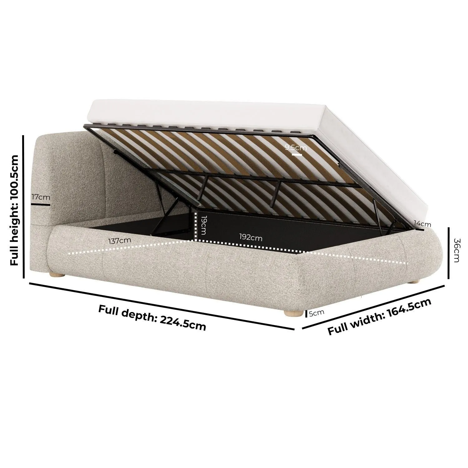 Double Ottoman Bed with Storage - Beige, Boucle