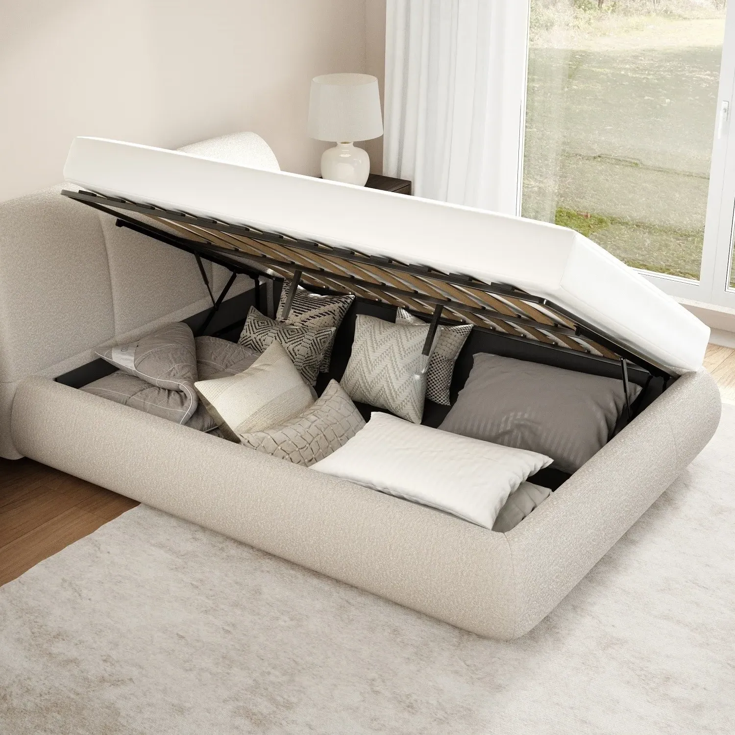 Double Ottoman Bed with Storage - Beige, Boucle