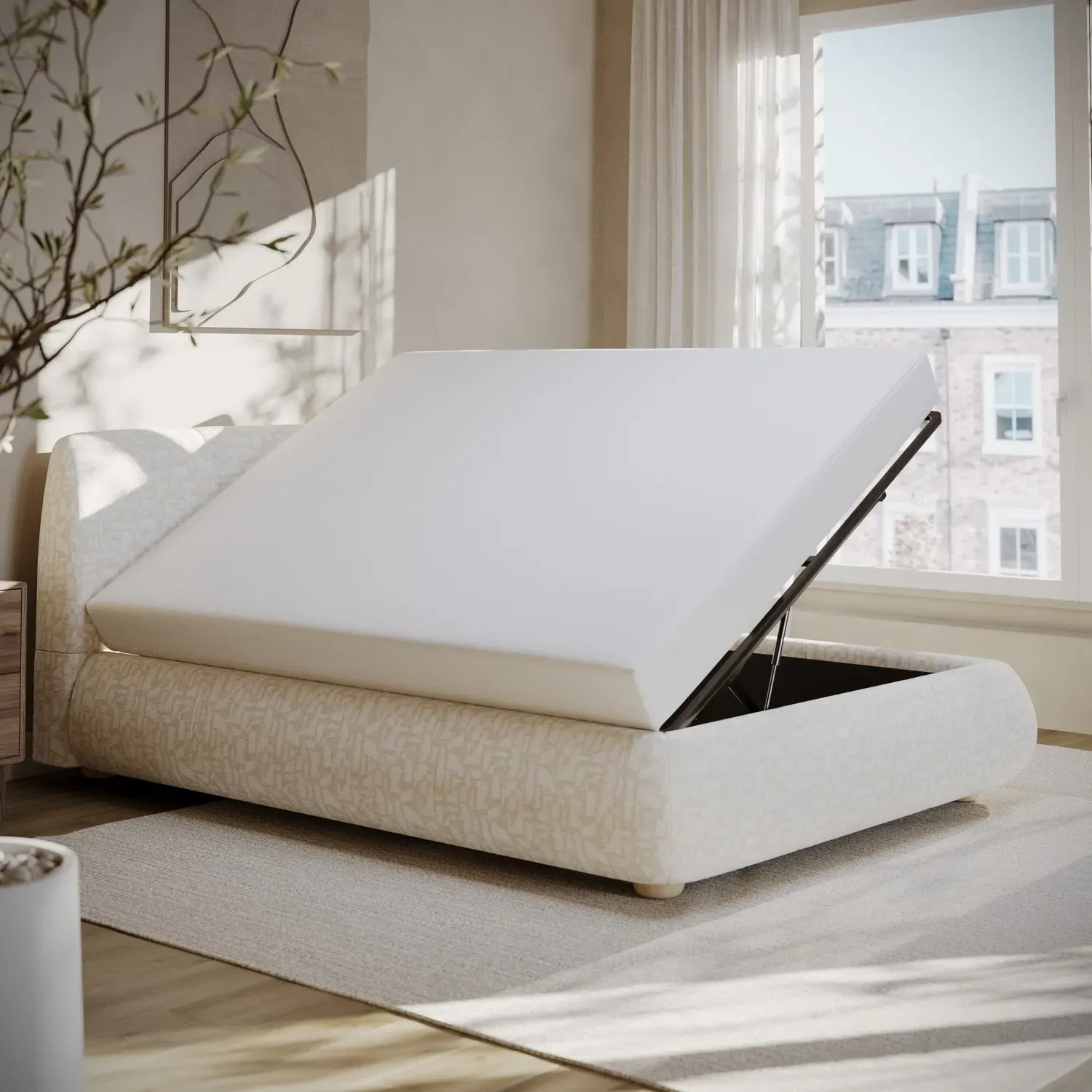 Double Ottoman Bed with Storage - Cream, Fabric