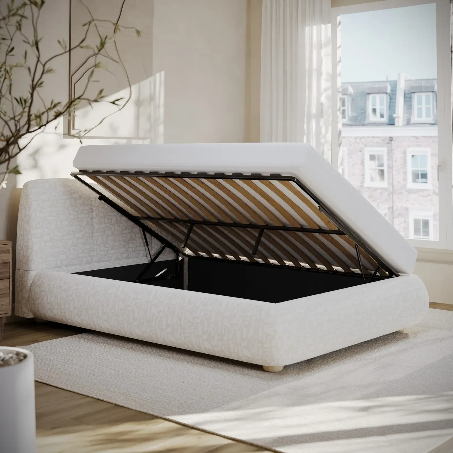 Double Ottoman Bed with Storage - Cream, Fabric
