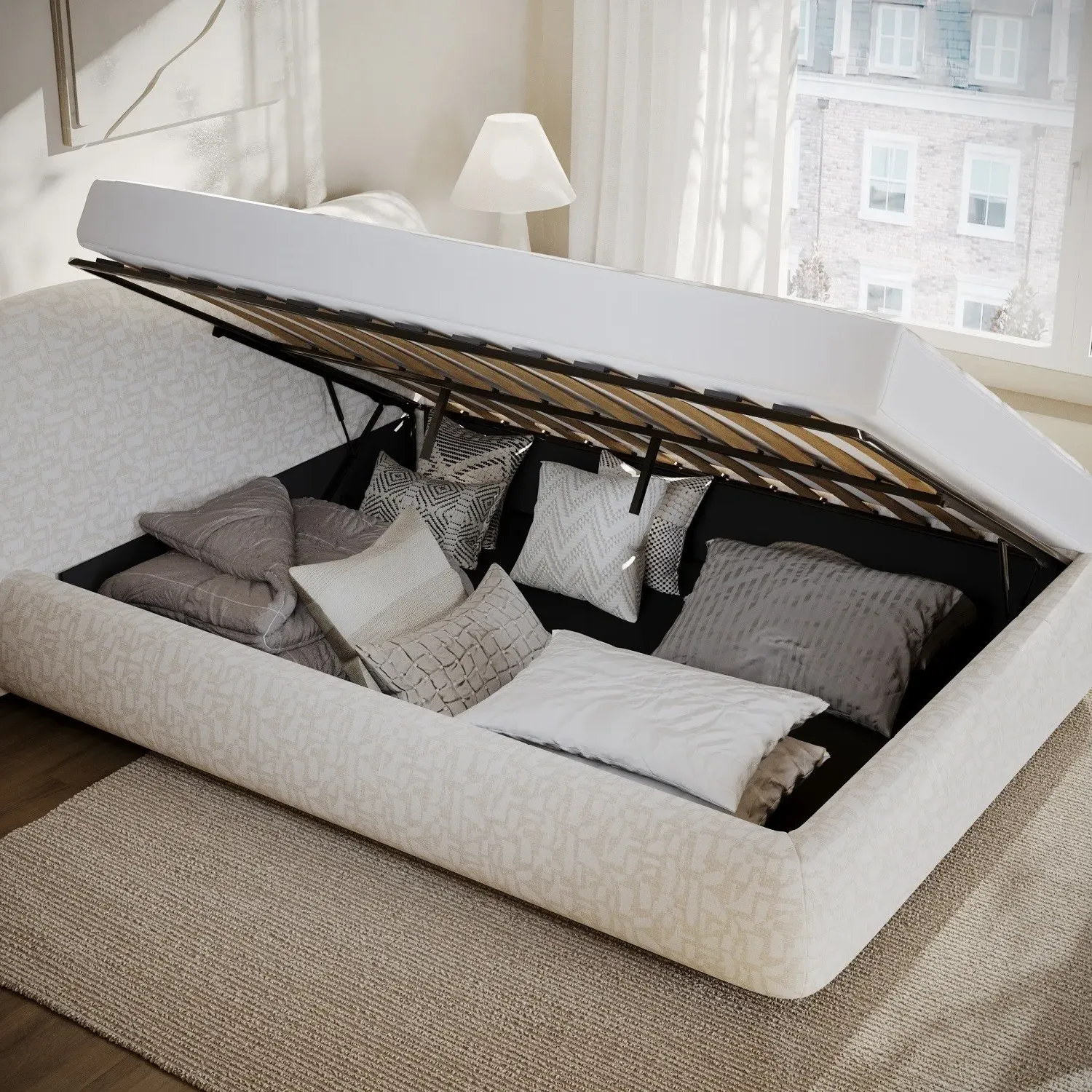 Double Ottoman Bed with Storage - Cream, Fabric