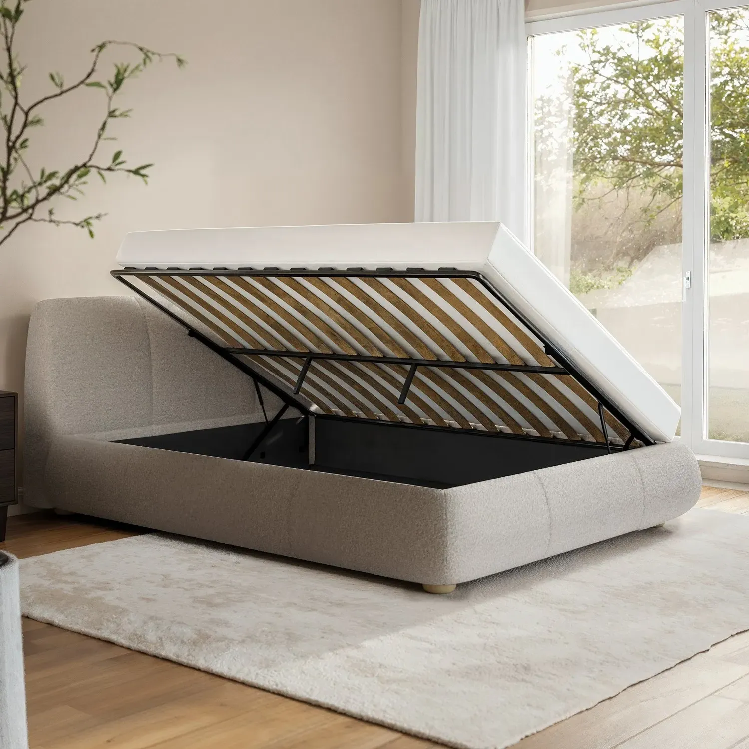 King Size Ottoman Bed with Storage - Beige, Boucle