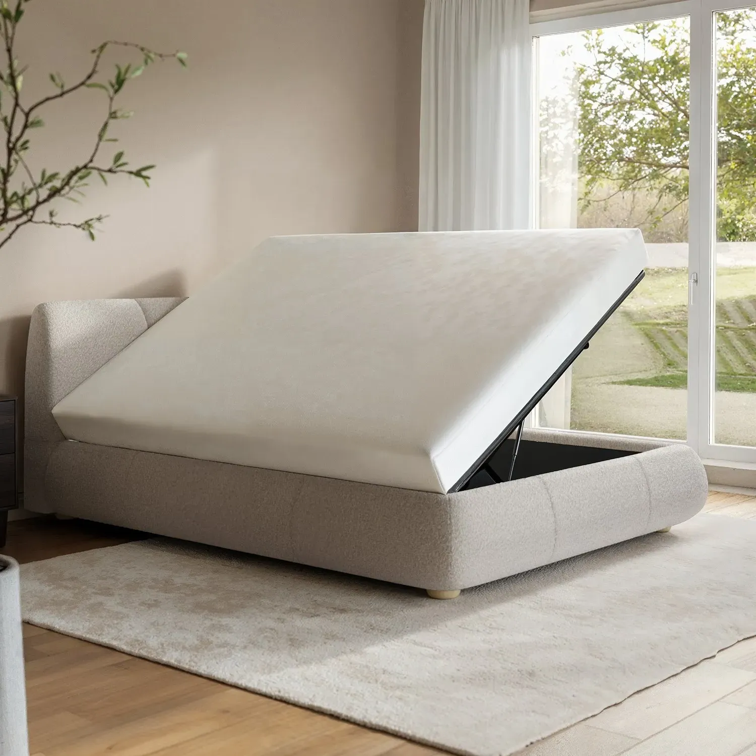 King Size Ottoman Bed with Storage - Beige, Boucle