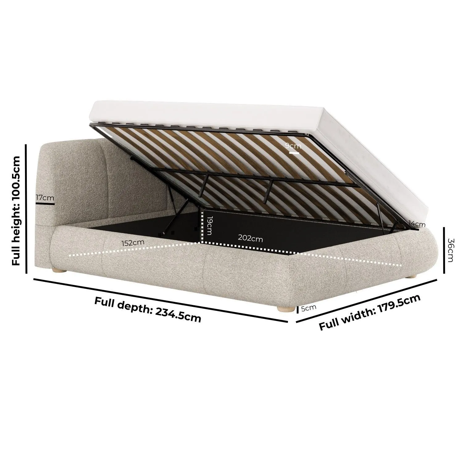King Size Ottoman Bed with Storage - Beige, Boucle