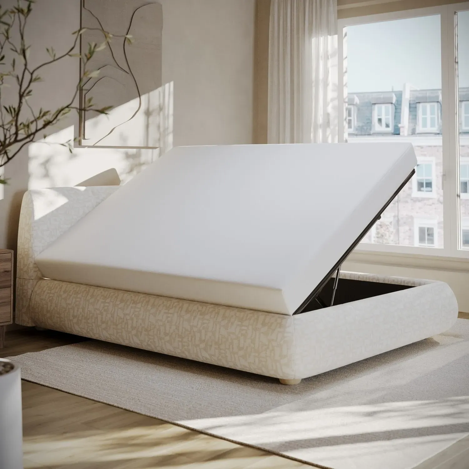 King Size Ottoman Bed with Storage - Cream, Fabric