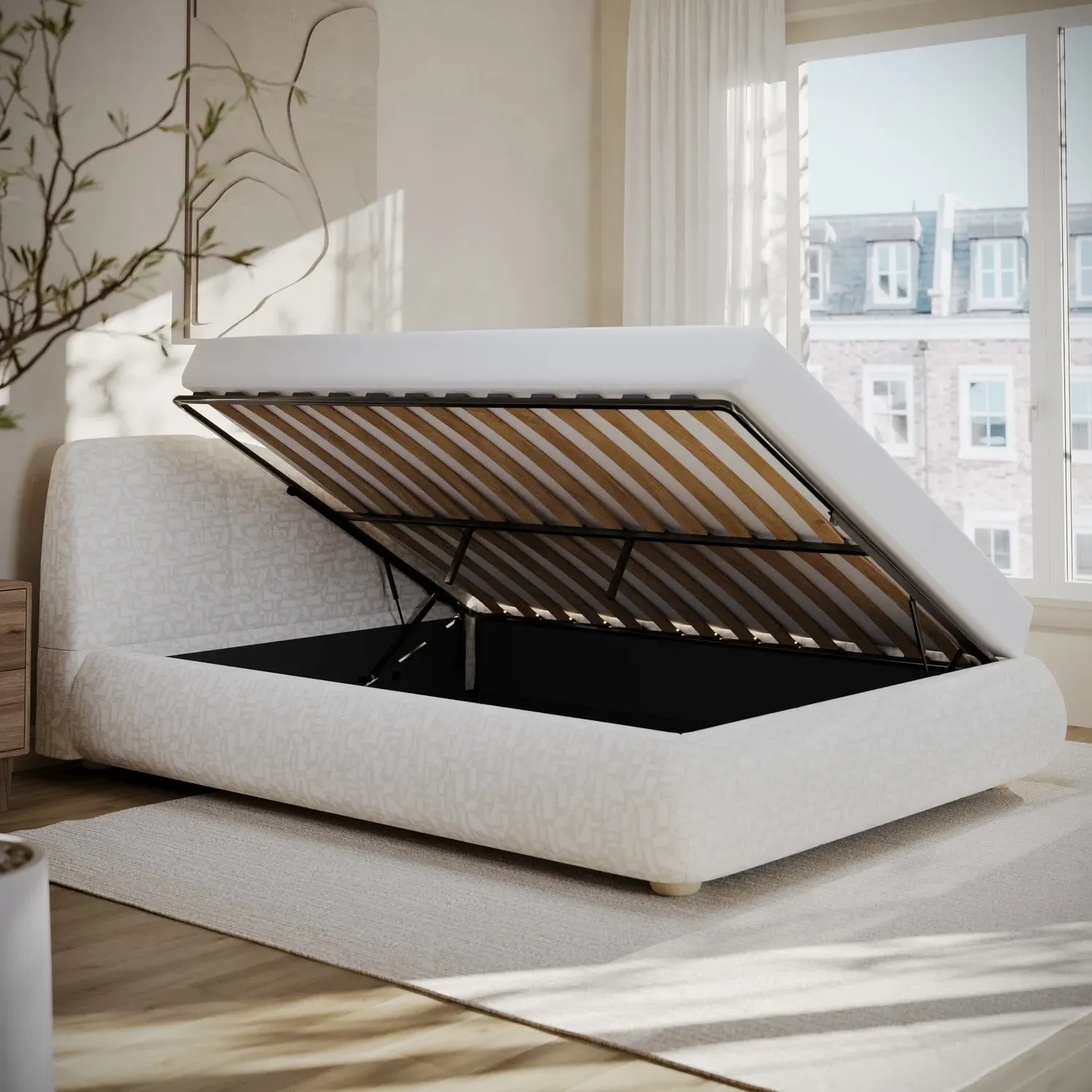 King Size Ottoman Bed with Storage - Cream, Fabric