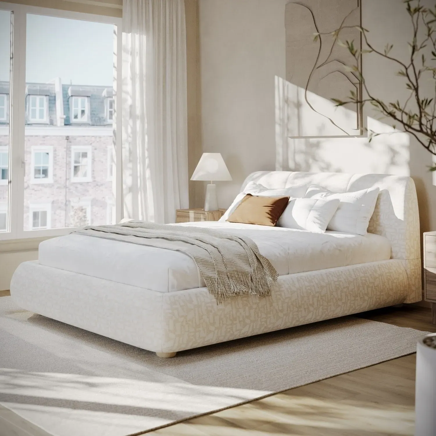 King Size Ottoman Bed with Storage - Cream, Fabric